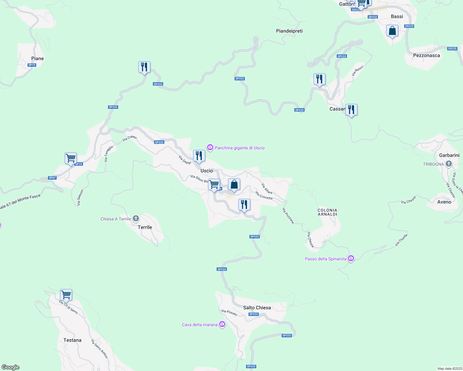 map of restaurants, bars, coffee shops, grocery stores, and more near Strada Statale 333 in Uscio