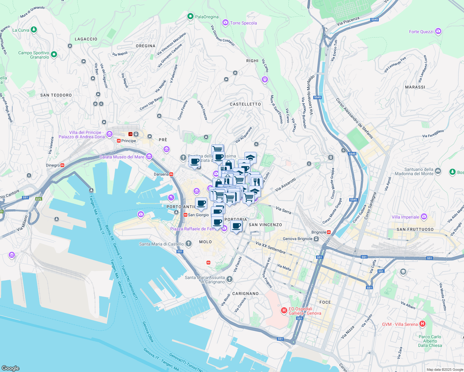 map of restaurants, bars, coffee shops, grocery stores, and more near 8830 Salita Inferiore di Sant'Anna in Genova