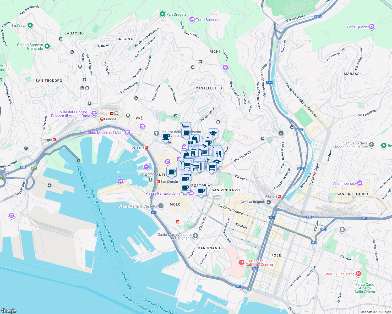 map of restaurants, bars, coffee shops, grocery stores, and more near 8830 Salita Inferiore di Sant'Anna in Genova