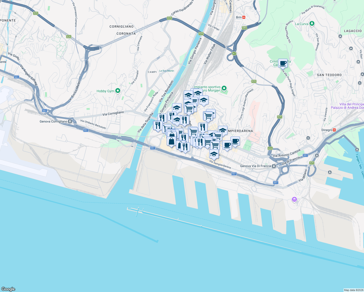 map of restaurants, bars, coffee shops, grocery stores, and more near 11 nero Via Bombrini in Genoa