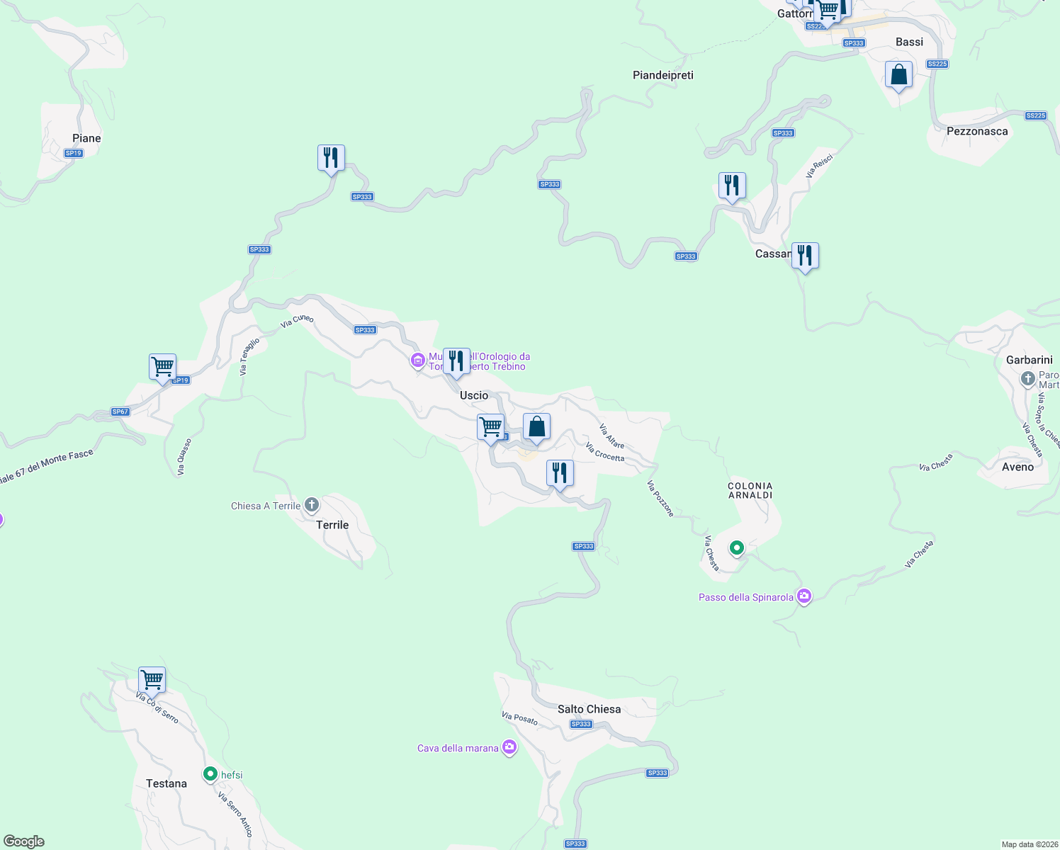 map of restaurants, bars, coffee shops, grocery stores, and more near 24 Via Costa Chiesa in Uscio