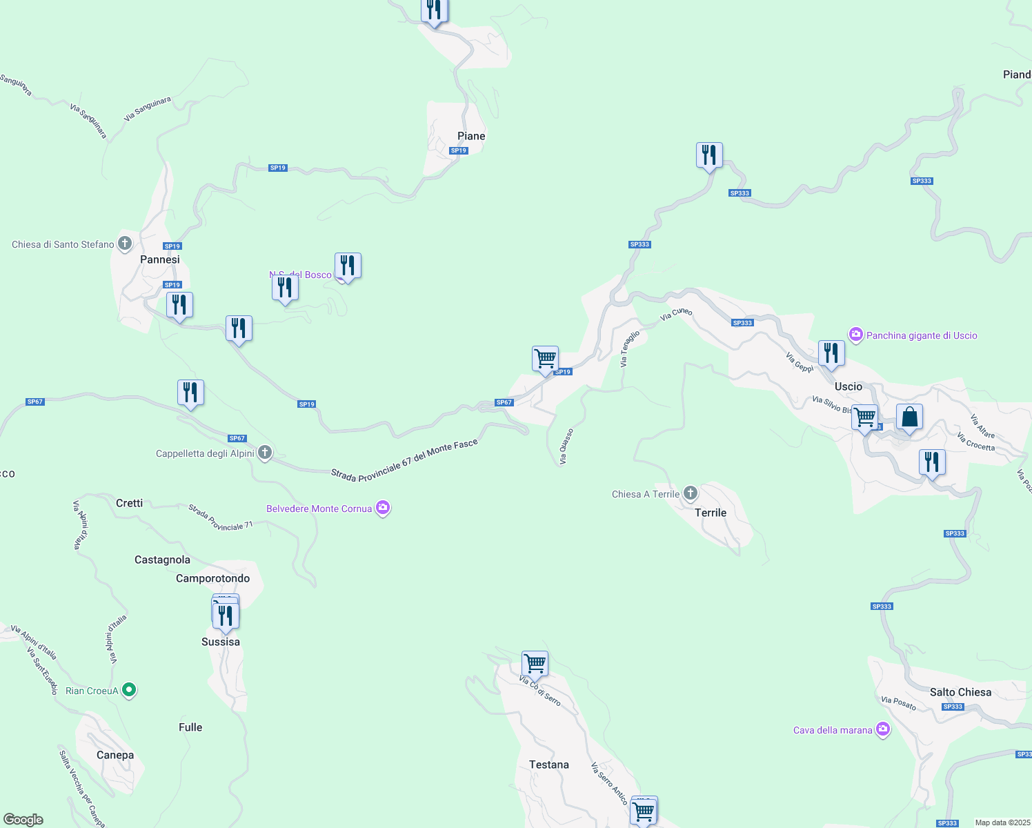 map of restaurants, bars, coffee shops, grocery stores, and more near 31 Via Chiesa Calcinara in Uscio
