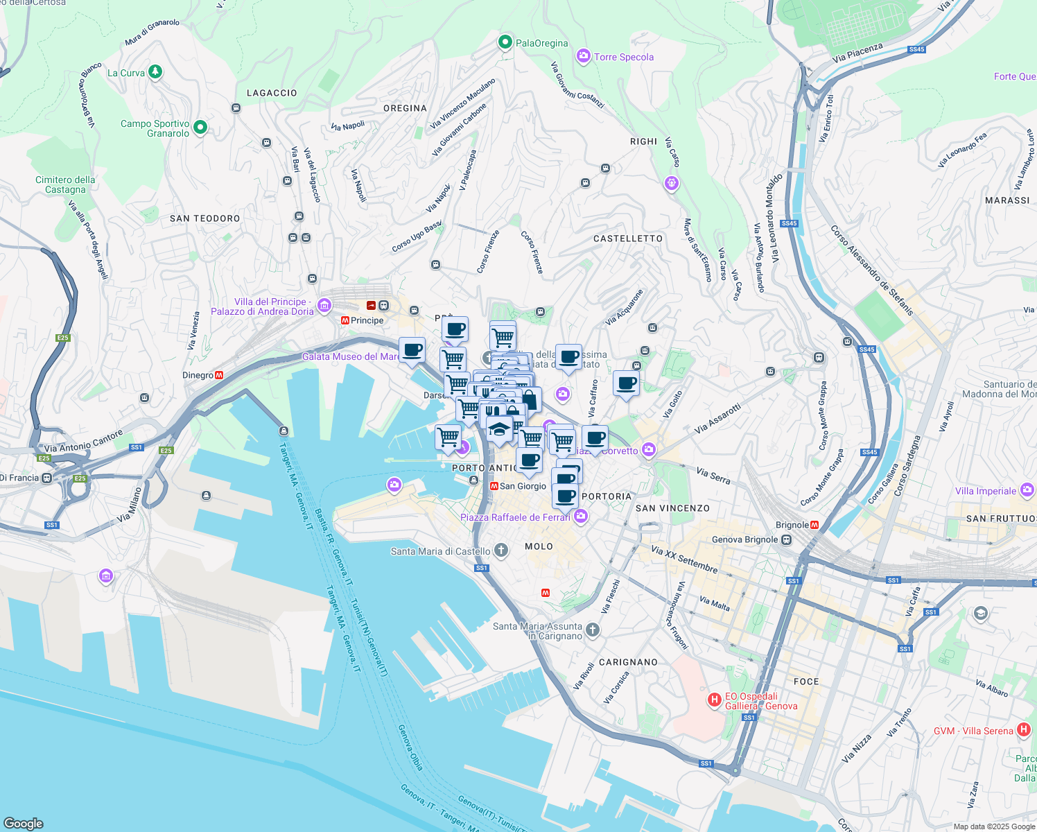 map of restaurants, bars, coffee shops, grocery stores, and more near 12 Via San Siro in Genova