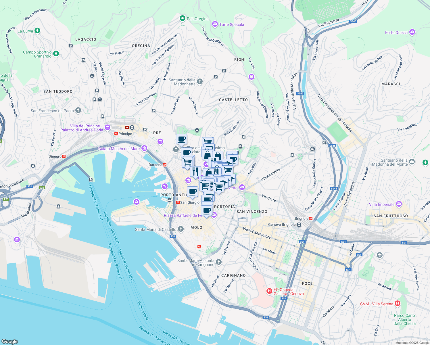 map of restaurants, bars, coffee shops, grocery stores, and more near 3 Via Garibaldi in Genova