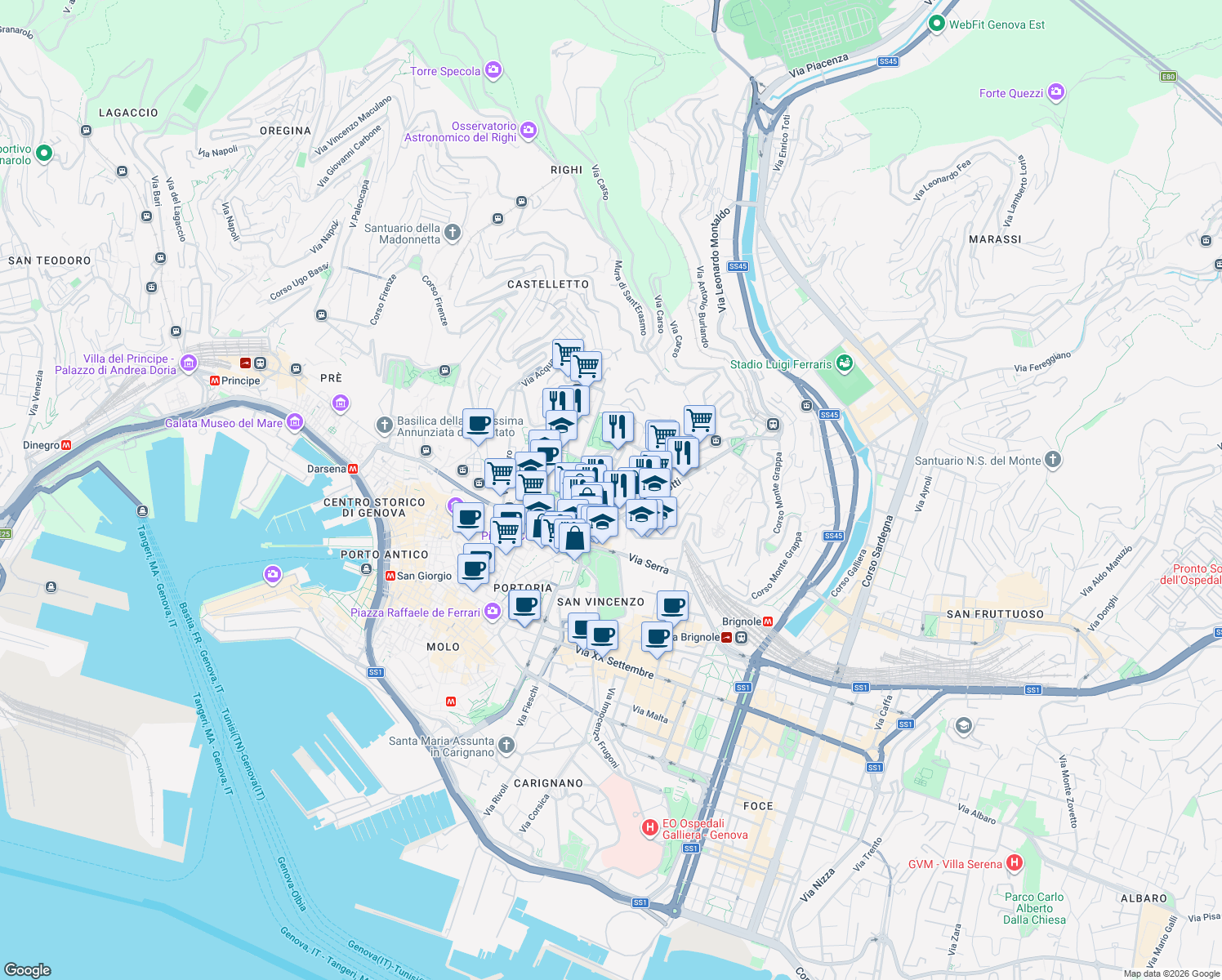 map of restaurants, bars, coffee shops, grocery stores, and more near Passo Palestro in Genoa