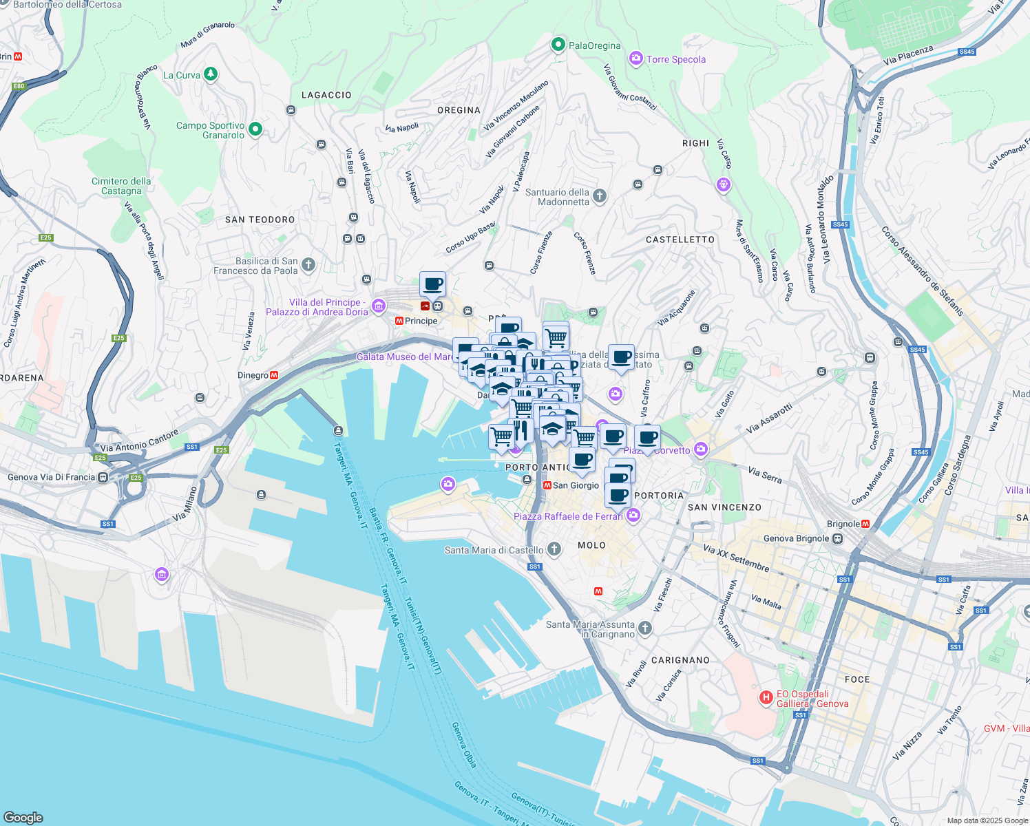 map of restaurants, bars, coffee shops, grocery stores, and more near Calata Salumi in Genova