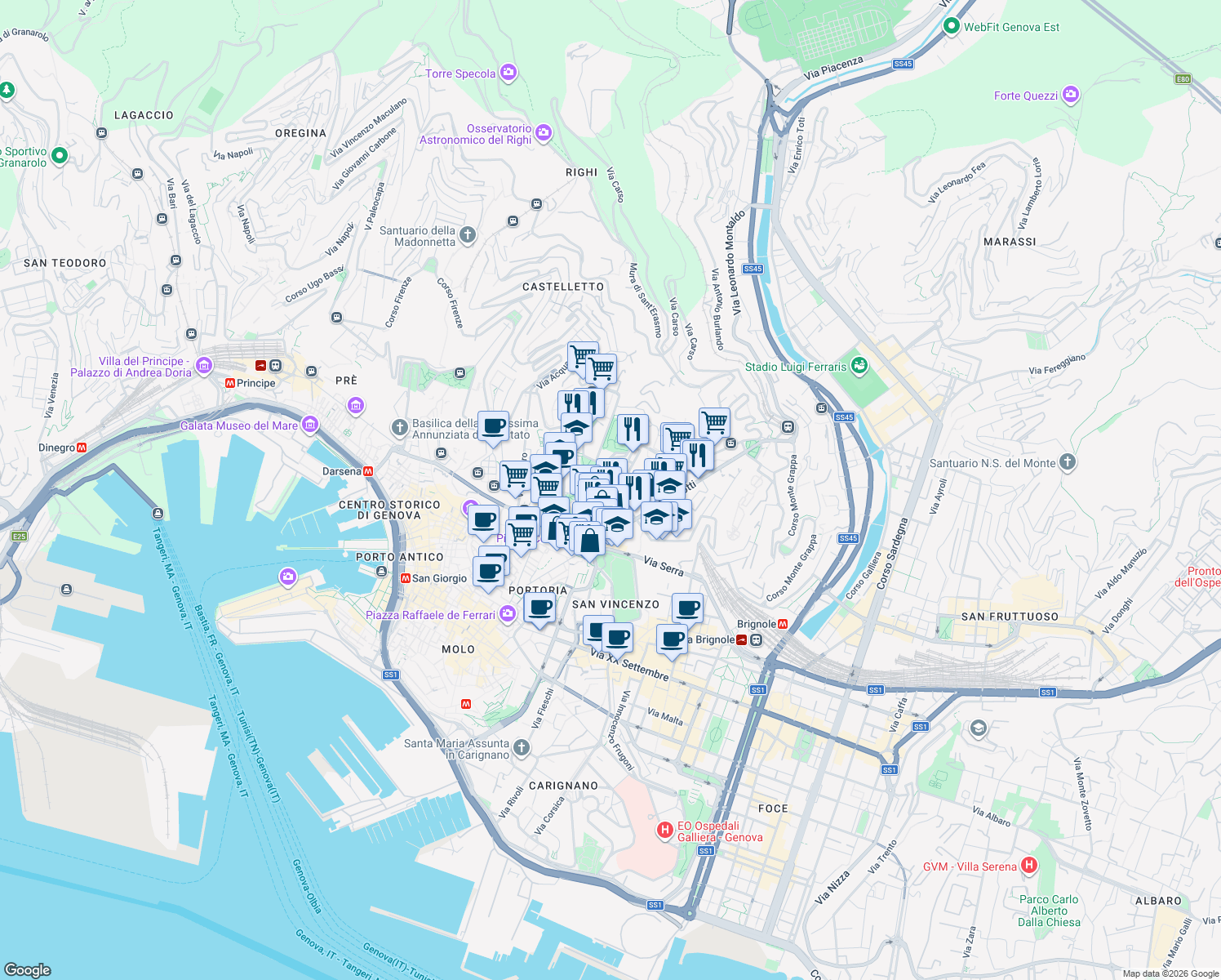 map of restaurants, bars, coffee shops, grocery stores, and more near Passo Palestro in Genoa
