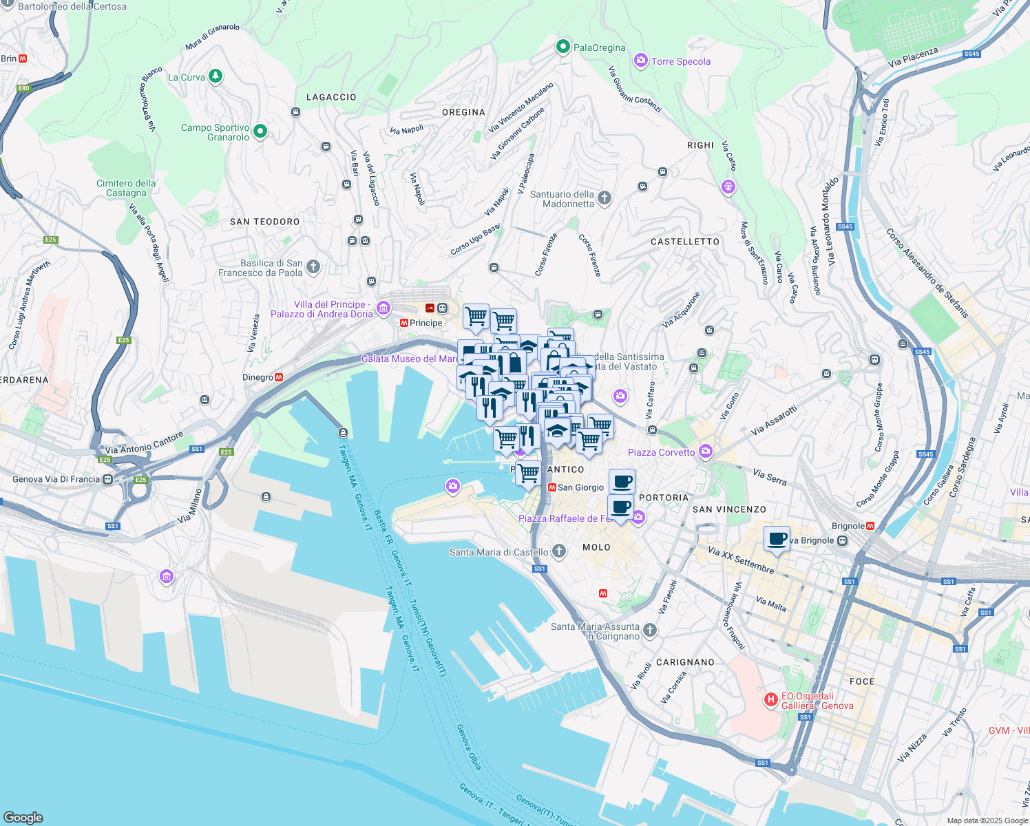 map of restaurants, bars, coffee shops, grocery stores, and more near Calata Salumi in Genova