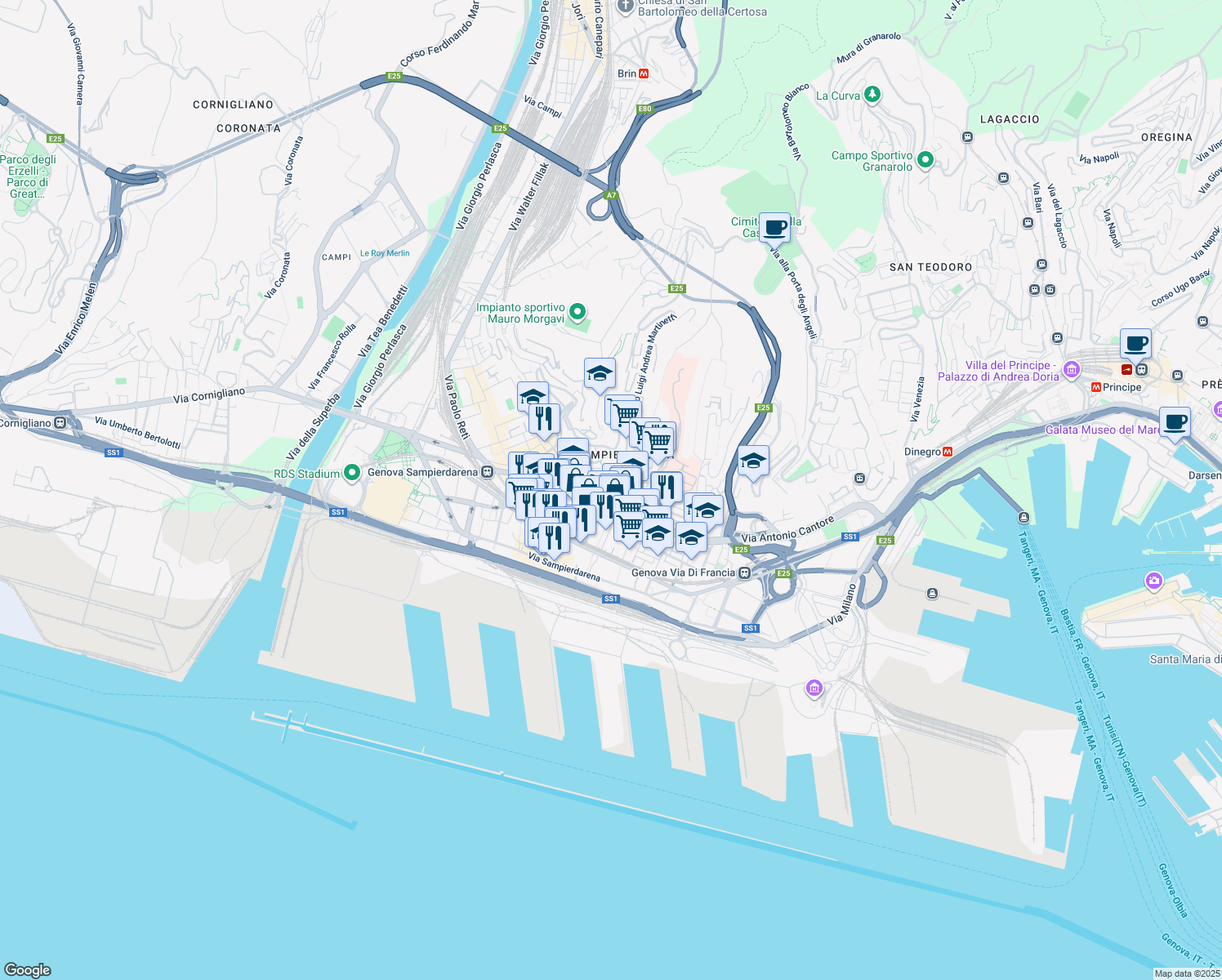 map of restaurants, bars, coffee shops, grocery stores, and more near 56 Via Nicolò Daste in Genoa