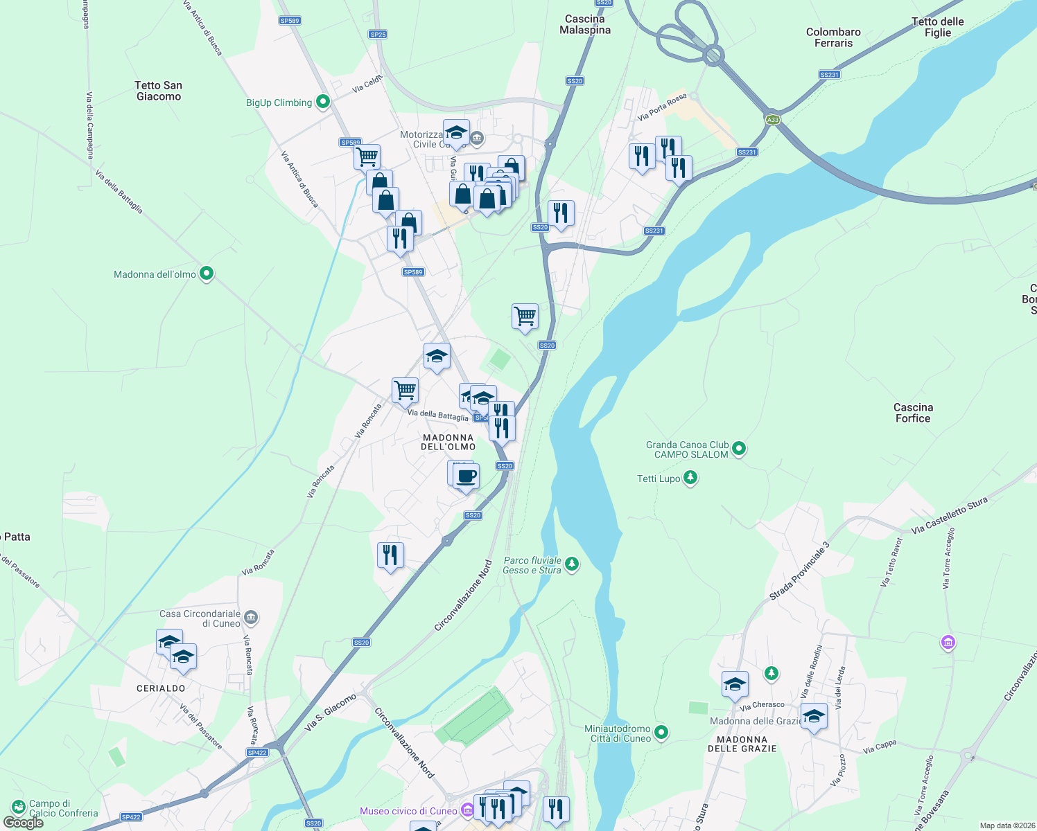 map of restaurants, bars, coffee shops, grocery stores, and more near 138 Via Torino in Cuneo