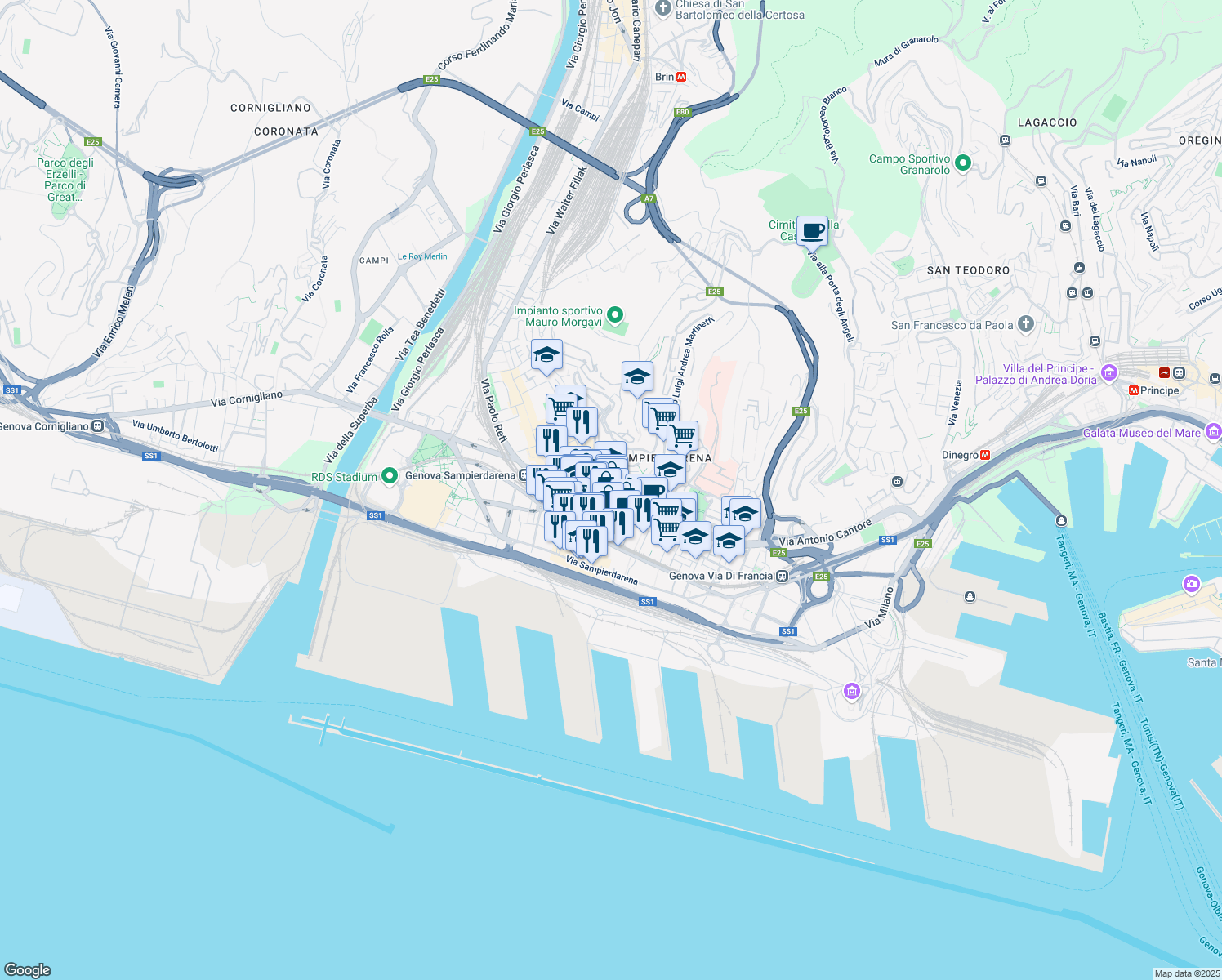 map of restaurants, bars, coffee shops, grocery stores, and more near 31 Via Nino Ronco in Genova