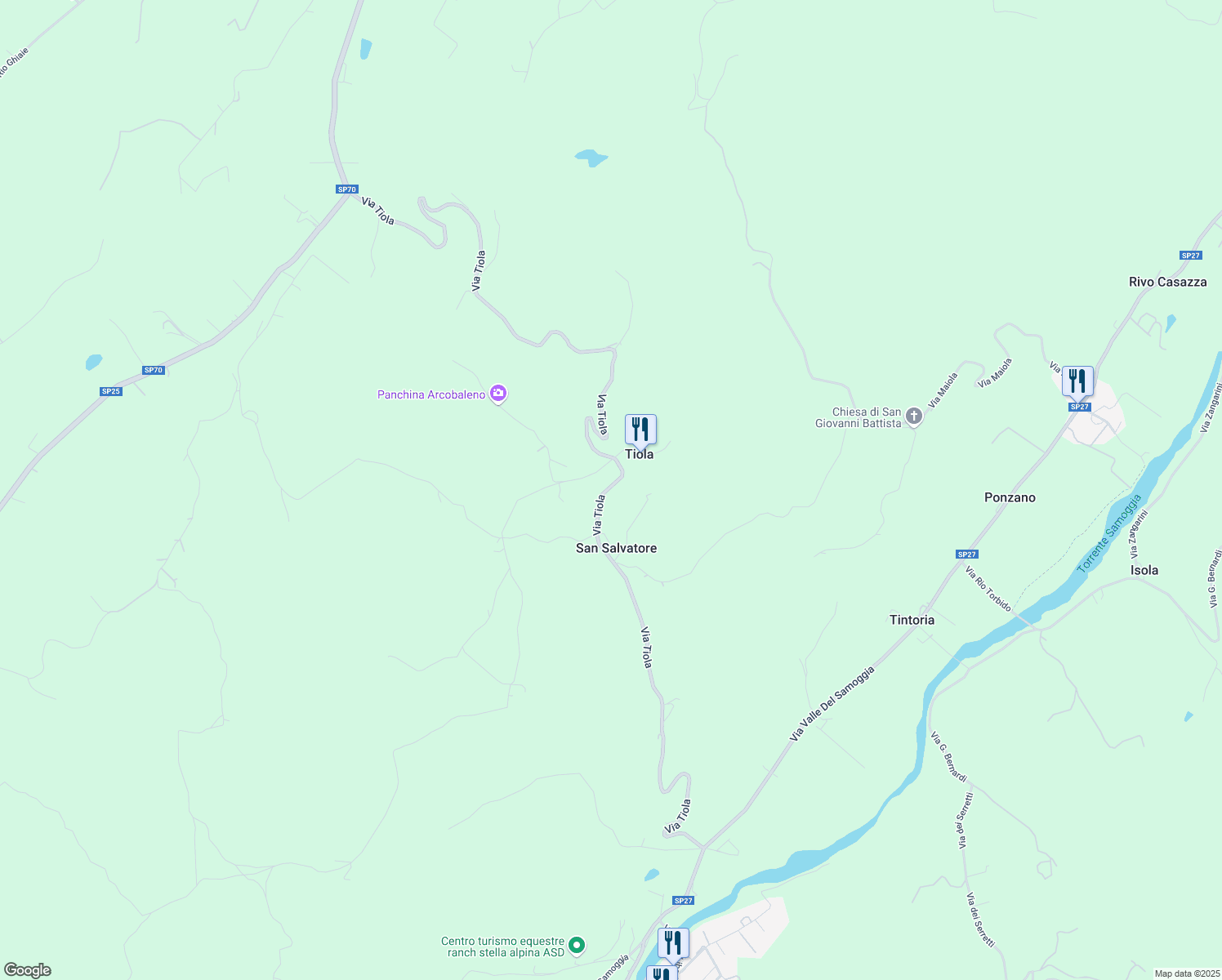 map of restaurants, bars, coffee shops, grocery stores, and more near 27 Via del Poggio in Tiola
