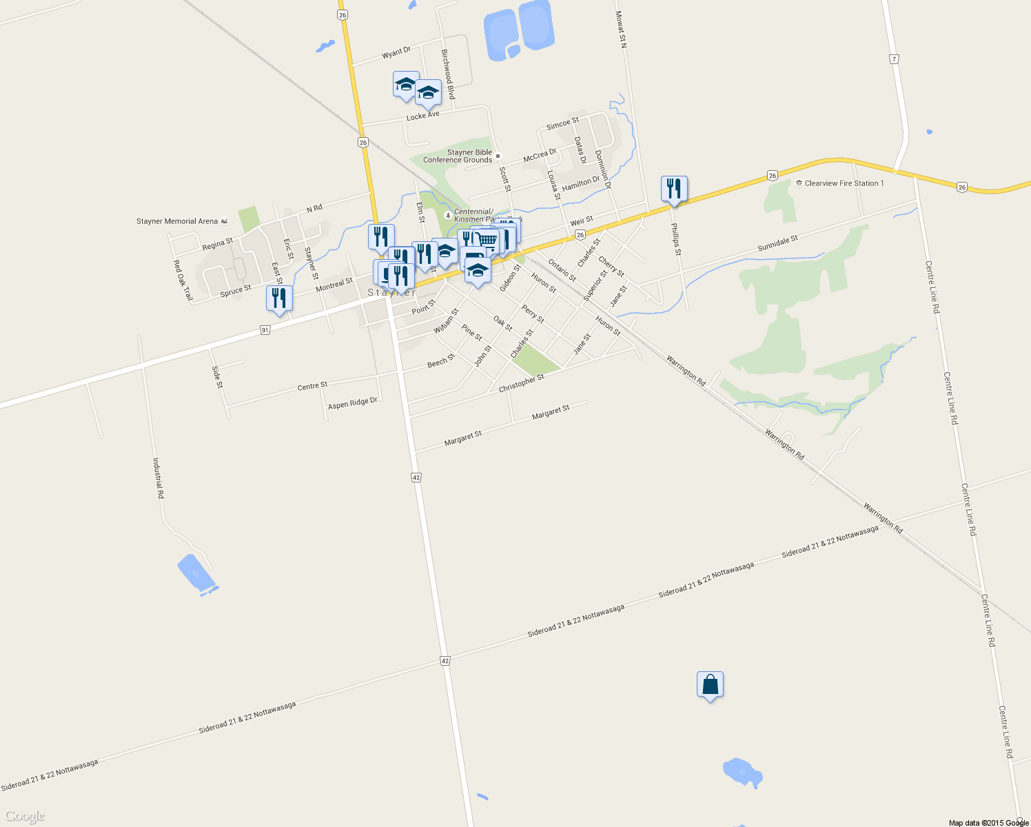 map of restaurants, bars, coffee shops, grocery stores, and more near 207 Clarence Street in Stayner