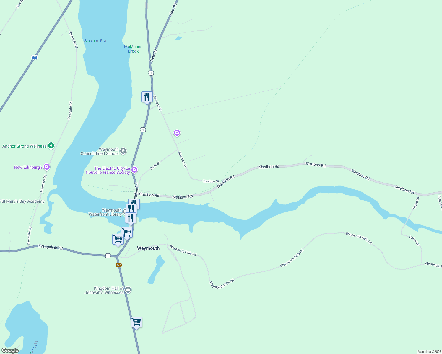 map of restaurants, bars, coffee shops, grocery stores, and more near 291 Sissiboo Road in Weymouth