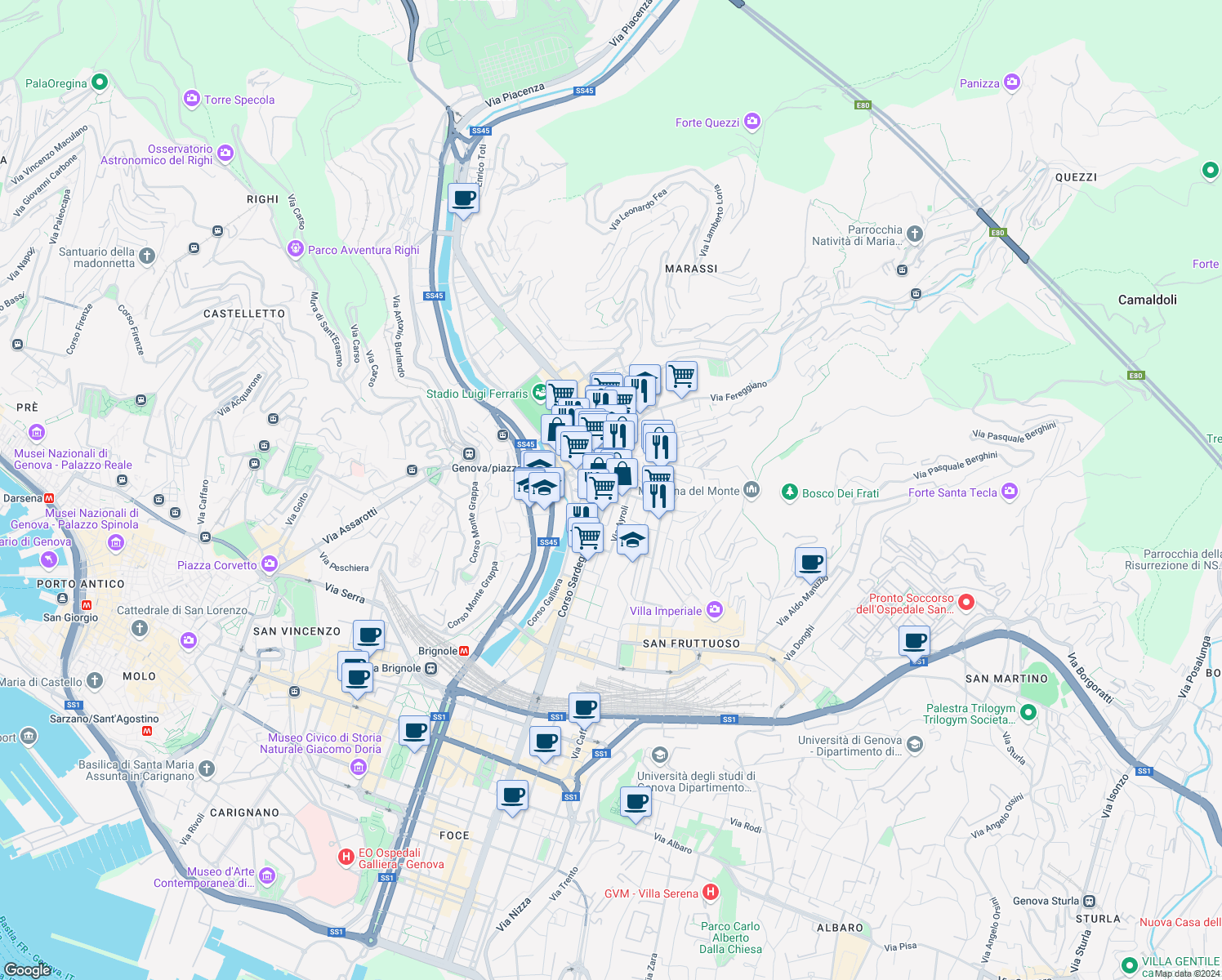 map of restaurants, bars, coffee shops, grocery stores, and more near 105 Corso Sardegna in Genova