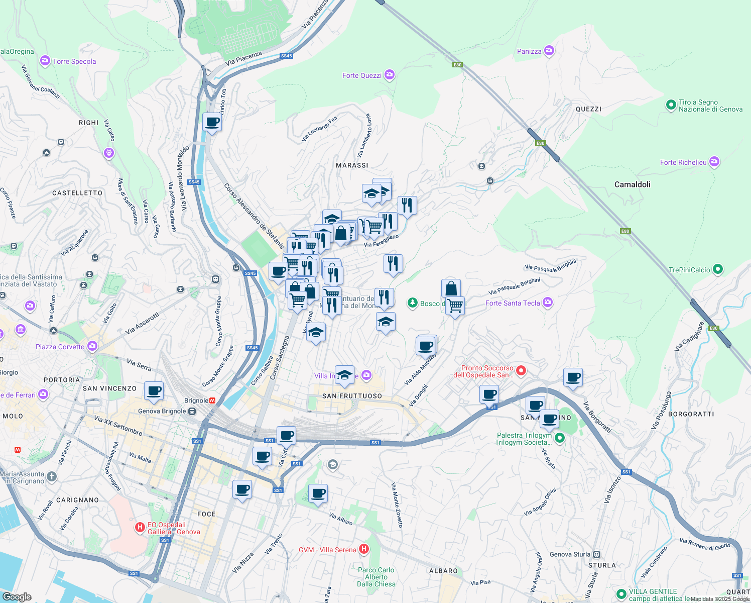 map of restaurants, bars, coffee shops, grocery stores, and more near 56 Via Arturo Ferretto in Genova