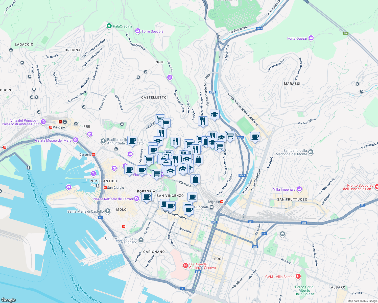 map of restaurants, bars, coffee shops, grocery stores, and more near 1 Corso Solferino in Genova