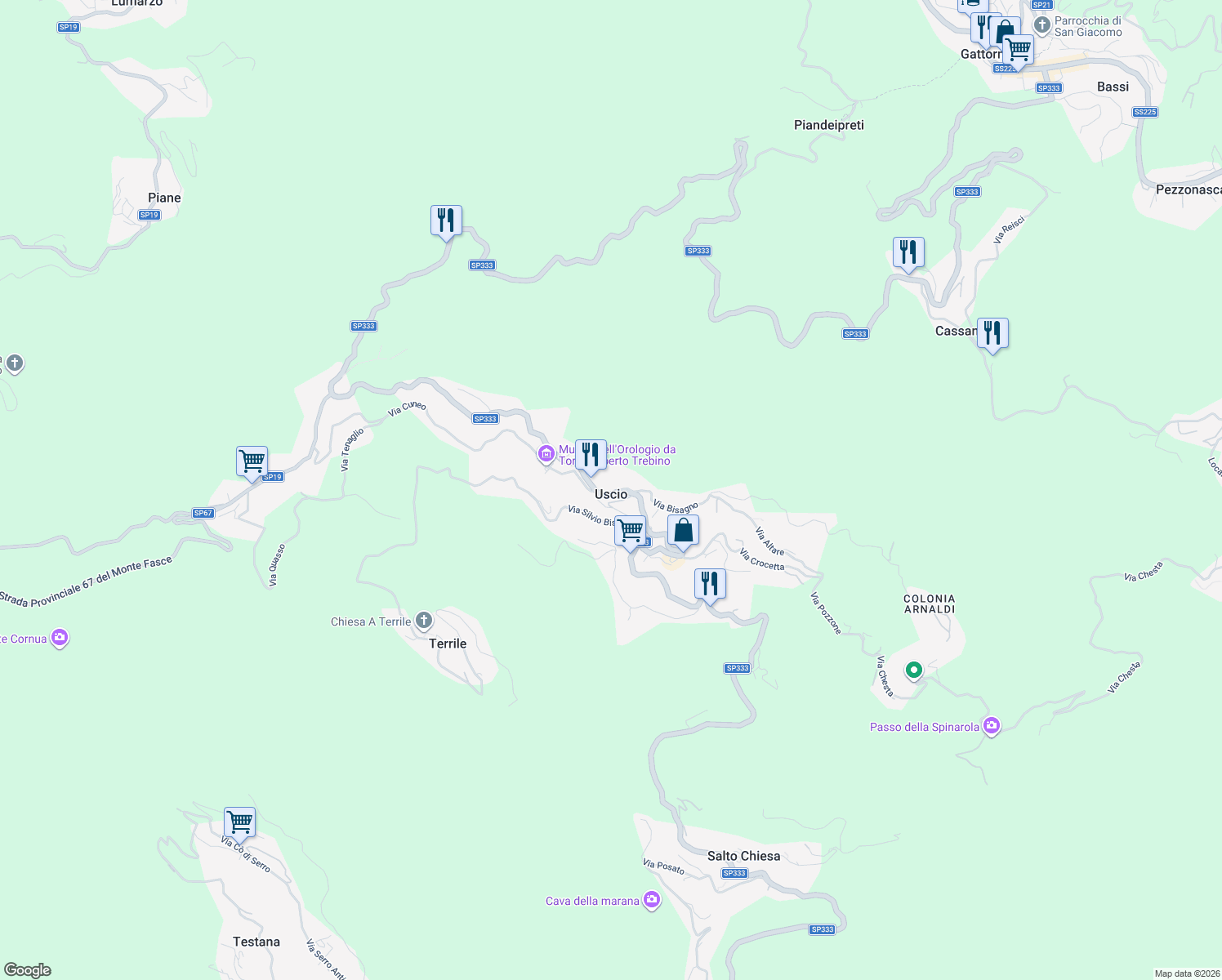 map of restaurants, bars, coffee shops, grocery stores, and more near 5 Via Bisagno in Uscio
