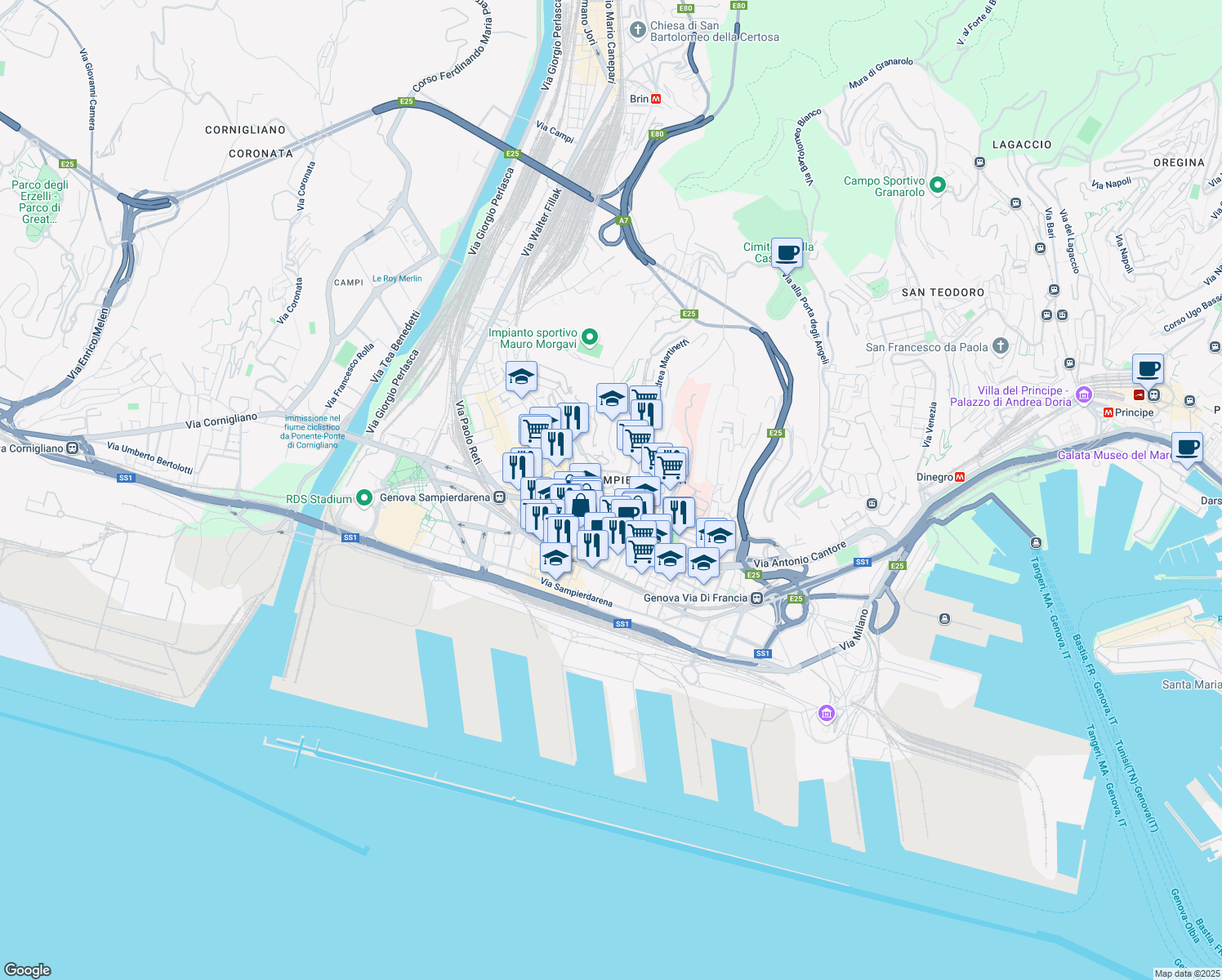 map of restaurants, bars, coffee shops, grocery stores, and more near 23 Corso Luigi Andrea Martinetti in Genova