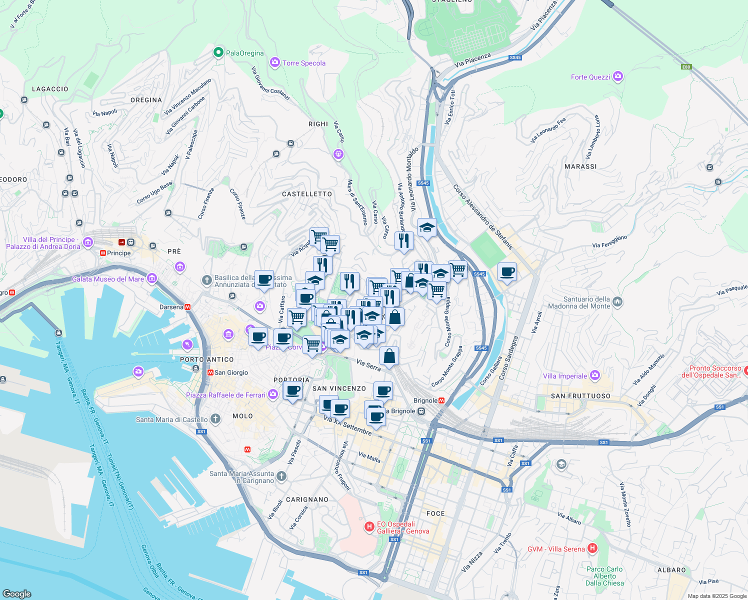 map of restaurants, bars, coffee shops, grocery stores, and more near 1 Corso Solferino in Genova