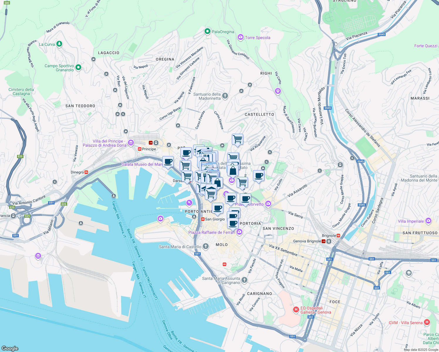 map of restaurants, bars, coffee shops, grocery stores, and more near in Genoa