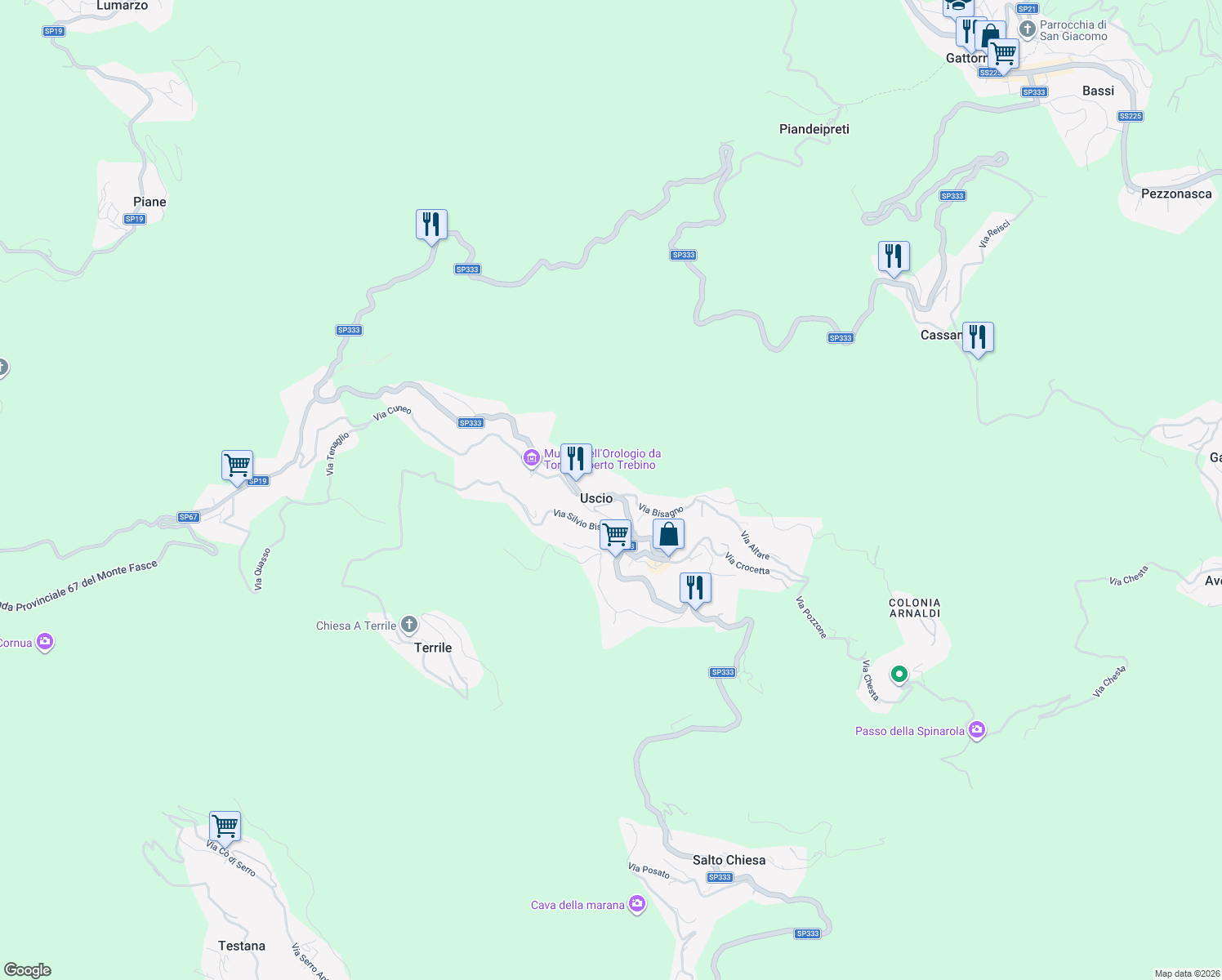 map of restaurants, bars, coffee shops, grocery stores, and more near 5 Via Bisagno in Uscio