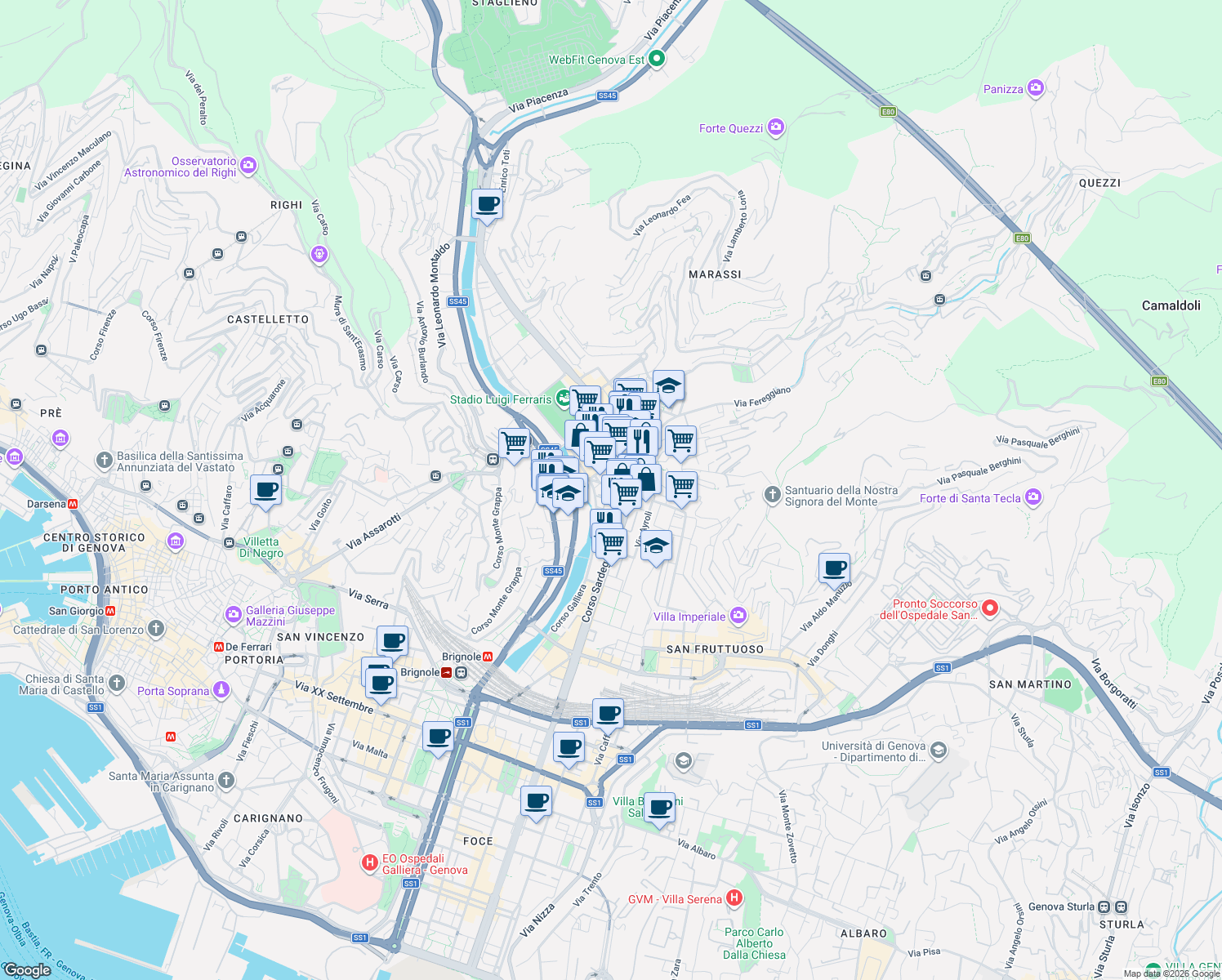 map of restaurants, bars, coffee shops, grocery stores, and more near 15 Via Bonifacio in Genova