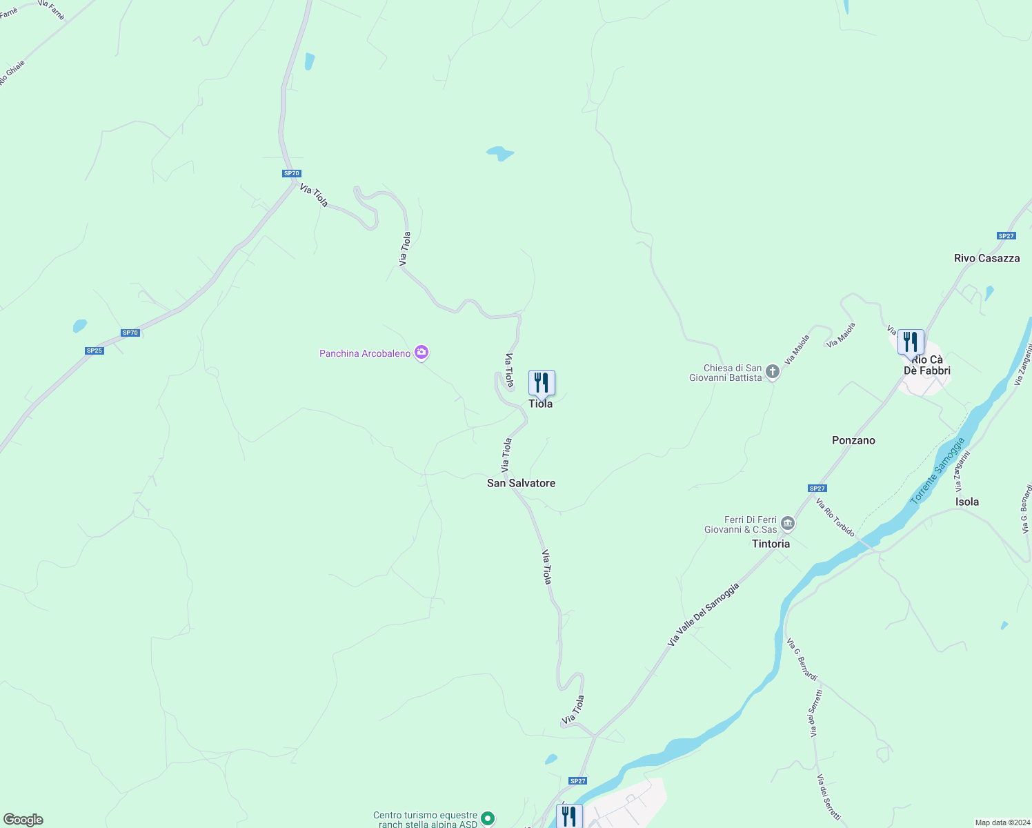 map of restaurants, bars, coffee shops, grocery stores, and more near 27 Via del Poggio in Tiola