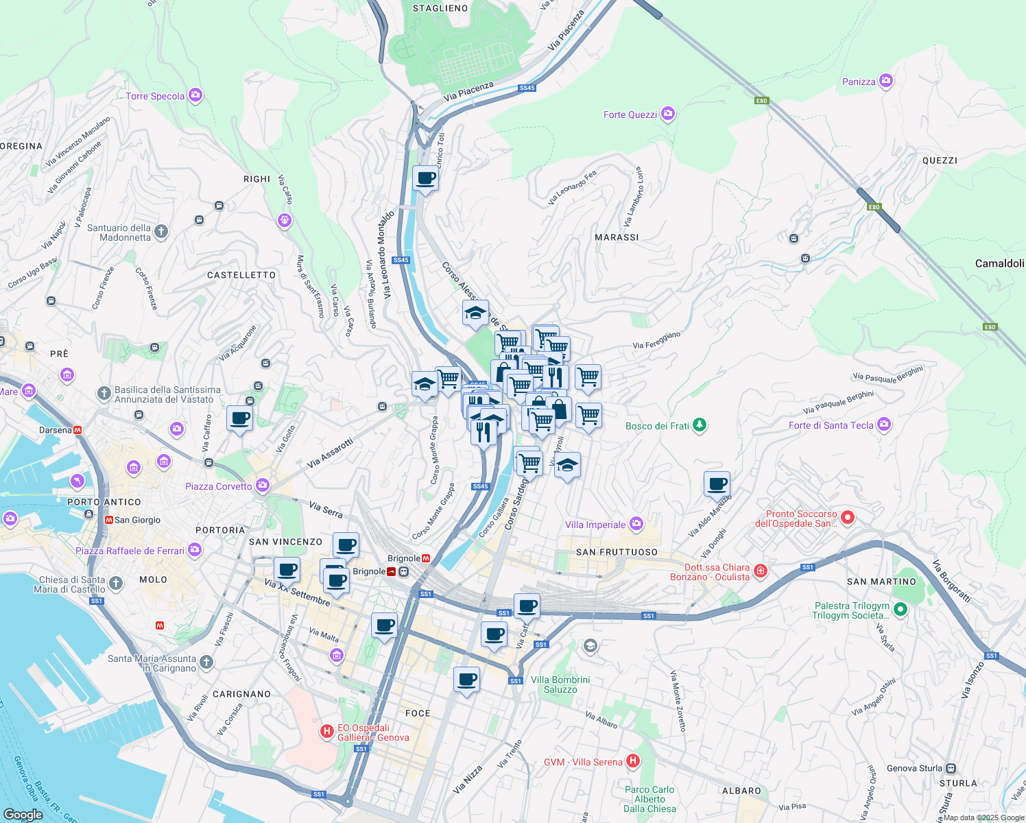 map of restaurants, bars, coffee shops, grocery stores, and more near 6 Piazza Carloforte in Genova