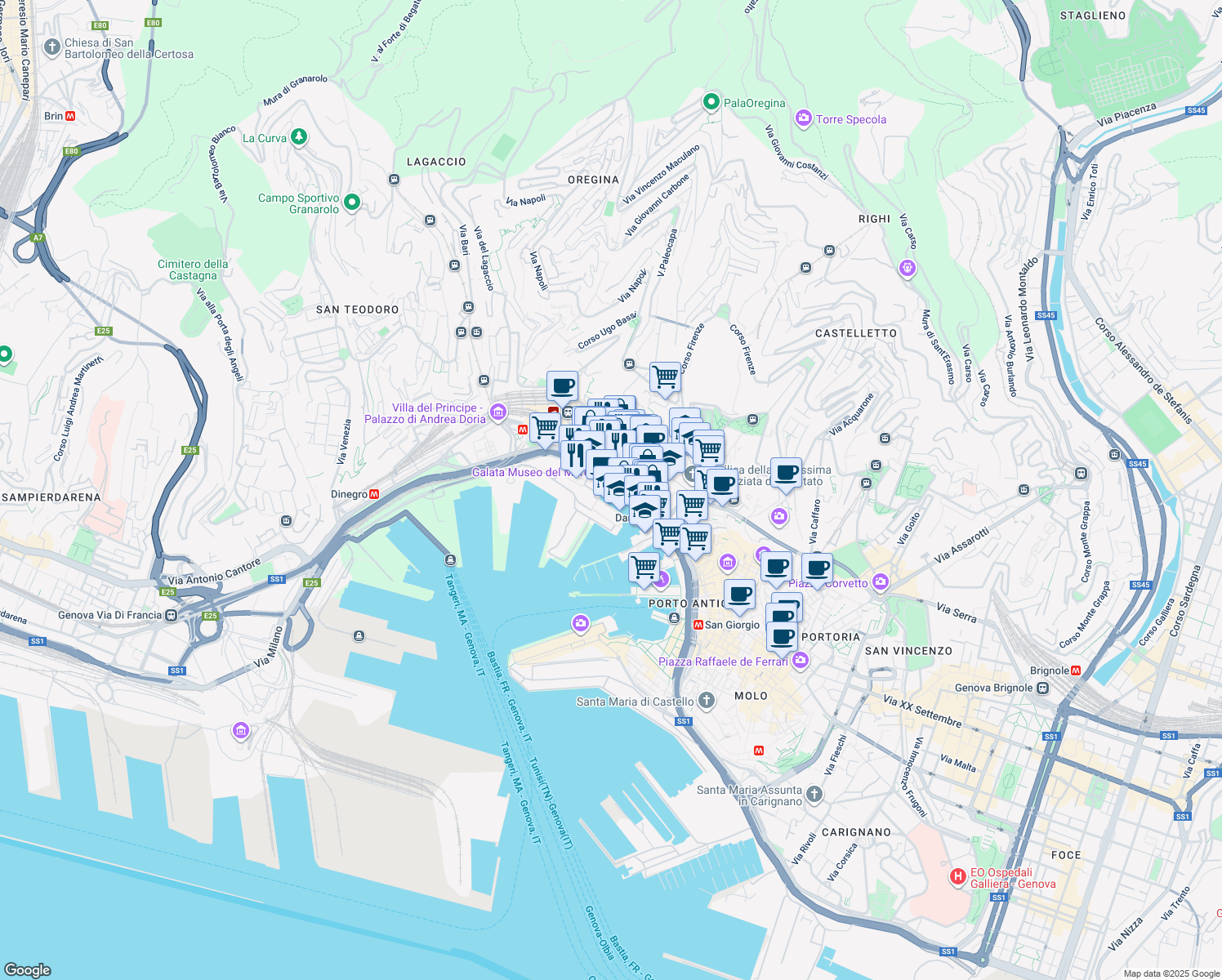 map of restaurants, bars, coffee shops, grocery stores, and more near 80 Calata Simone Vignoso in Genova