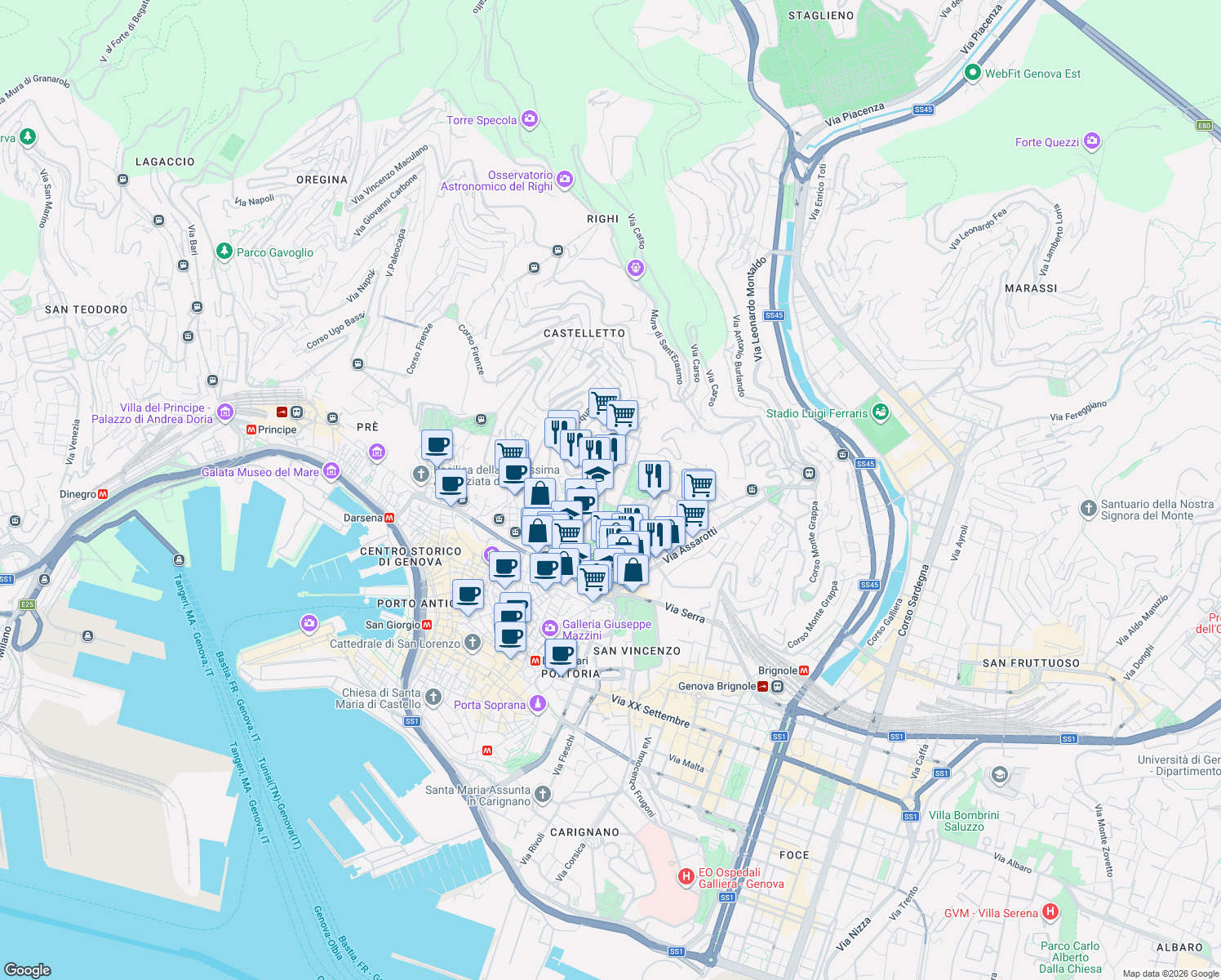 map of restaurants, bars, coffee shops, grocery stores, and more near 5 Corso Magenta in Genova