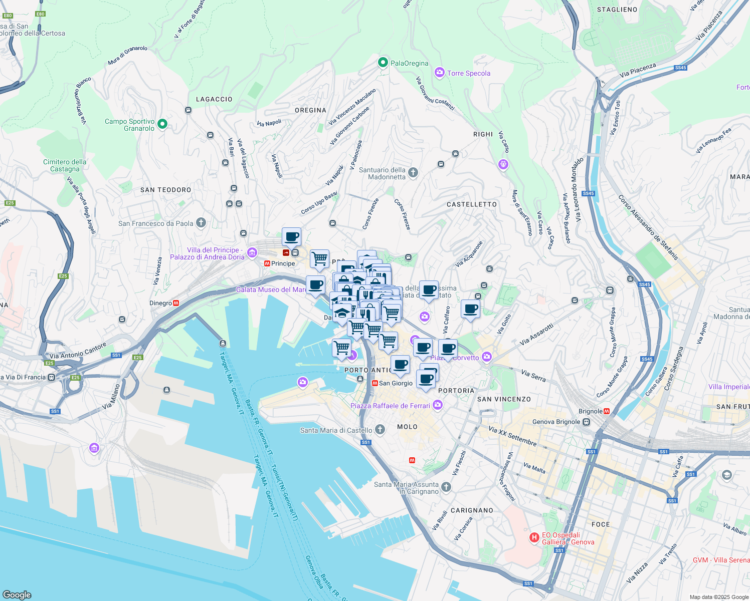 map of restaurants, bars, coffee shops, grocery stores, and more near Vico degli Adorno in Genova