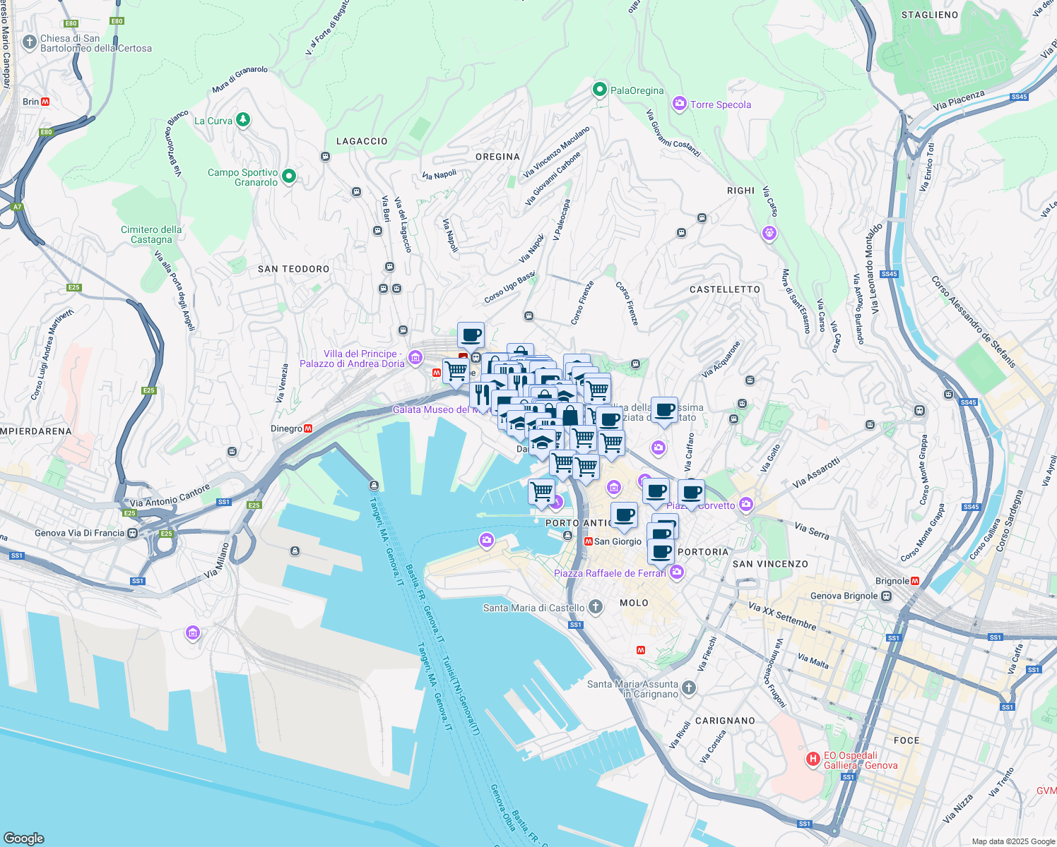 map of restaurants, bars, coffee shops, grocery stores, and more near 80 Calata Simone Vignoso in Genova