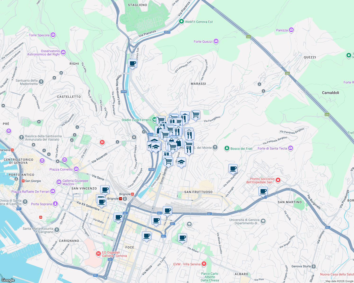 map of restaurants, bars, coffee shops, grocery stores, and more near 105 Corso Sardegna in Genoa