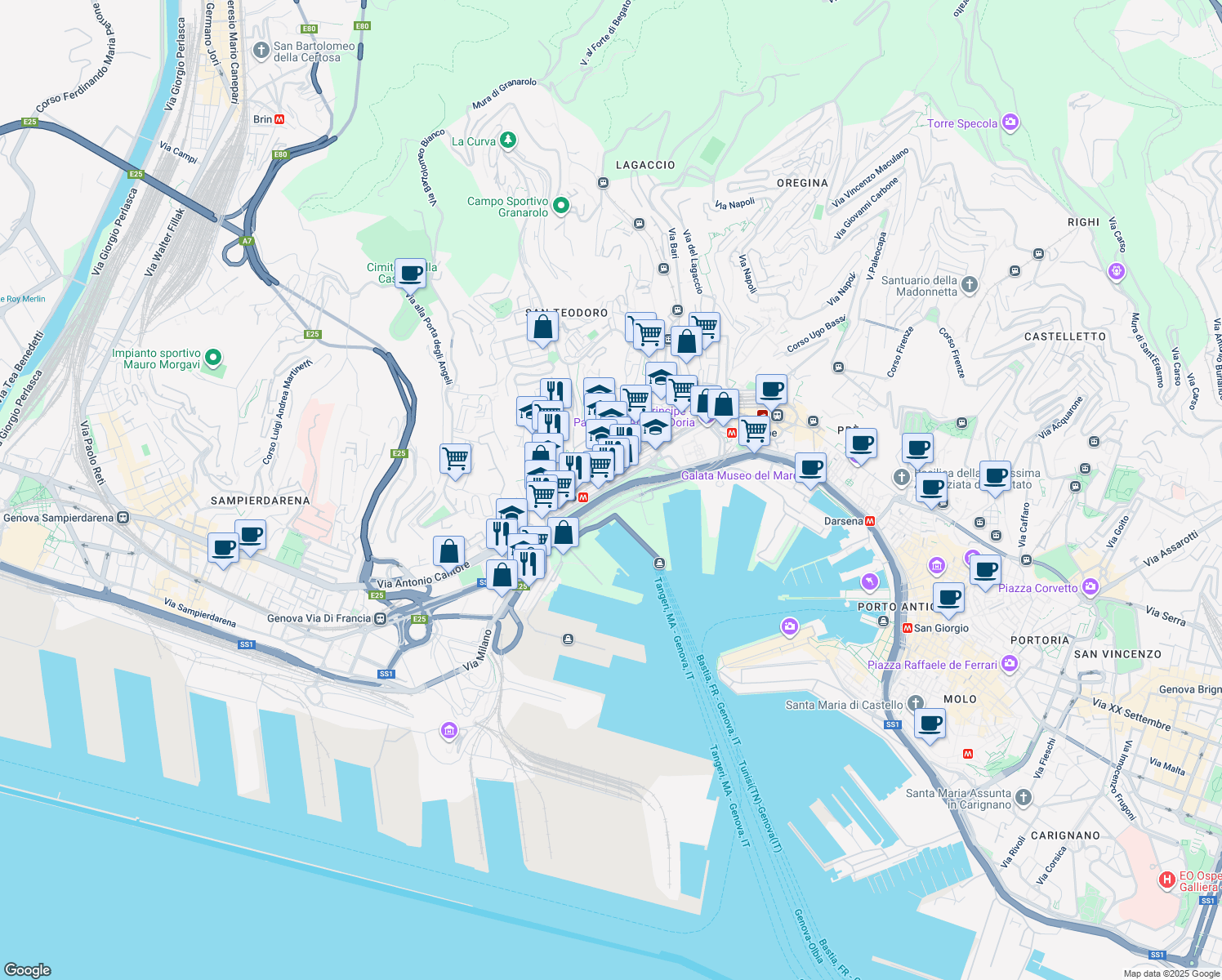 map of restaurants, bars, coffee shops, grocery stores, and more near 8629 Via Bruno Buozzi in Genova