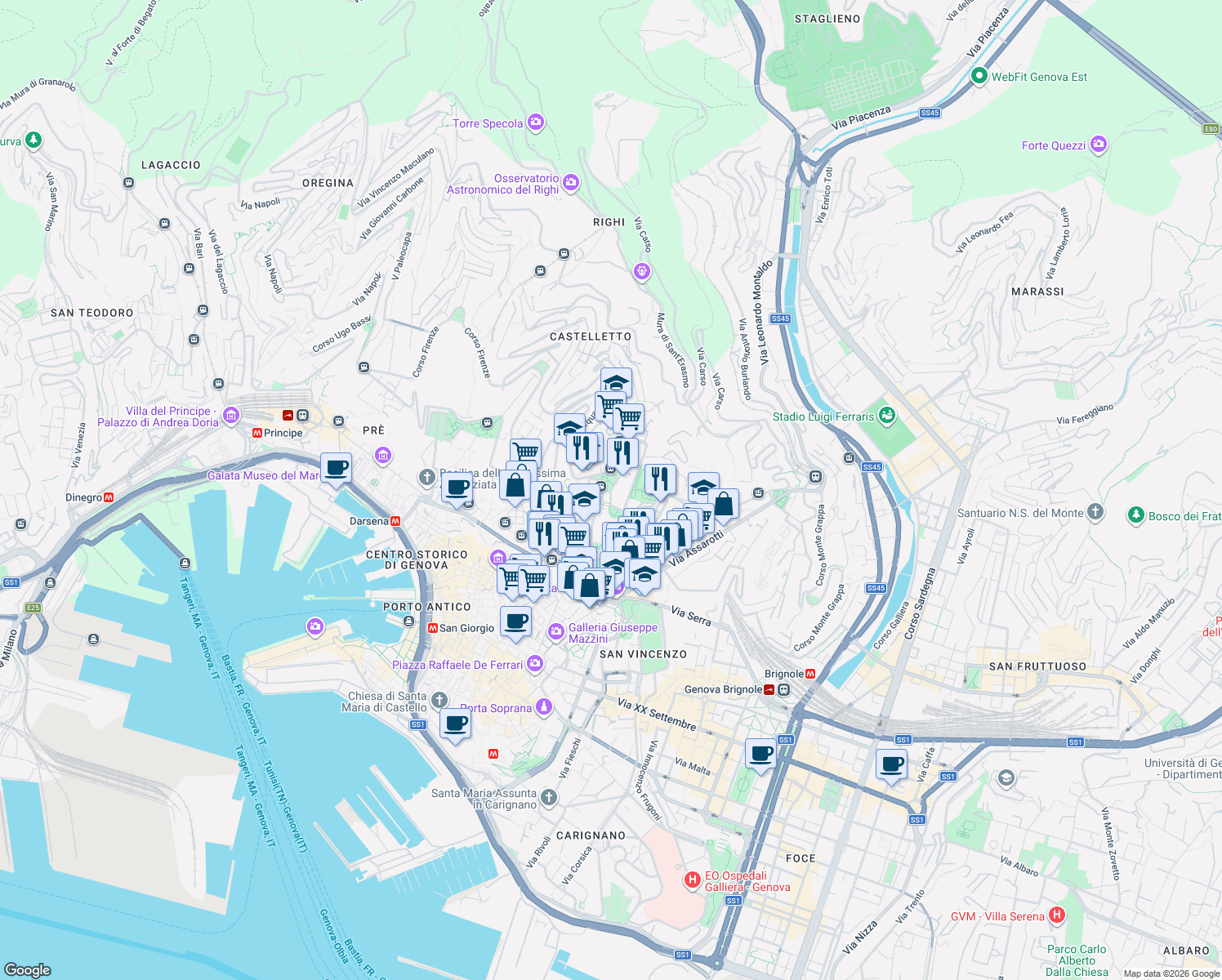 map of restaurants, bars, coffee shops, grocery stores, and more near 5 Corso Magenta in Genoa
