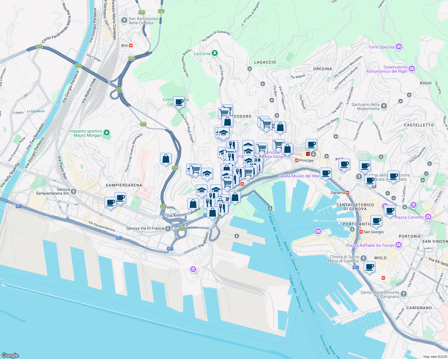 map of restaurants, bars, coffee shops, grocery stores, and more near 41 Salita degli Angeli in Genova