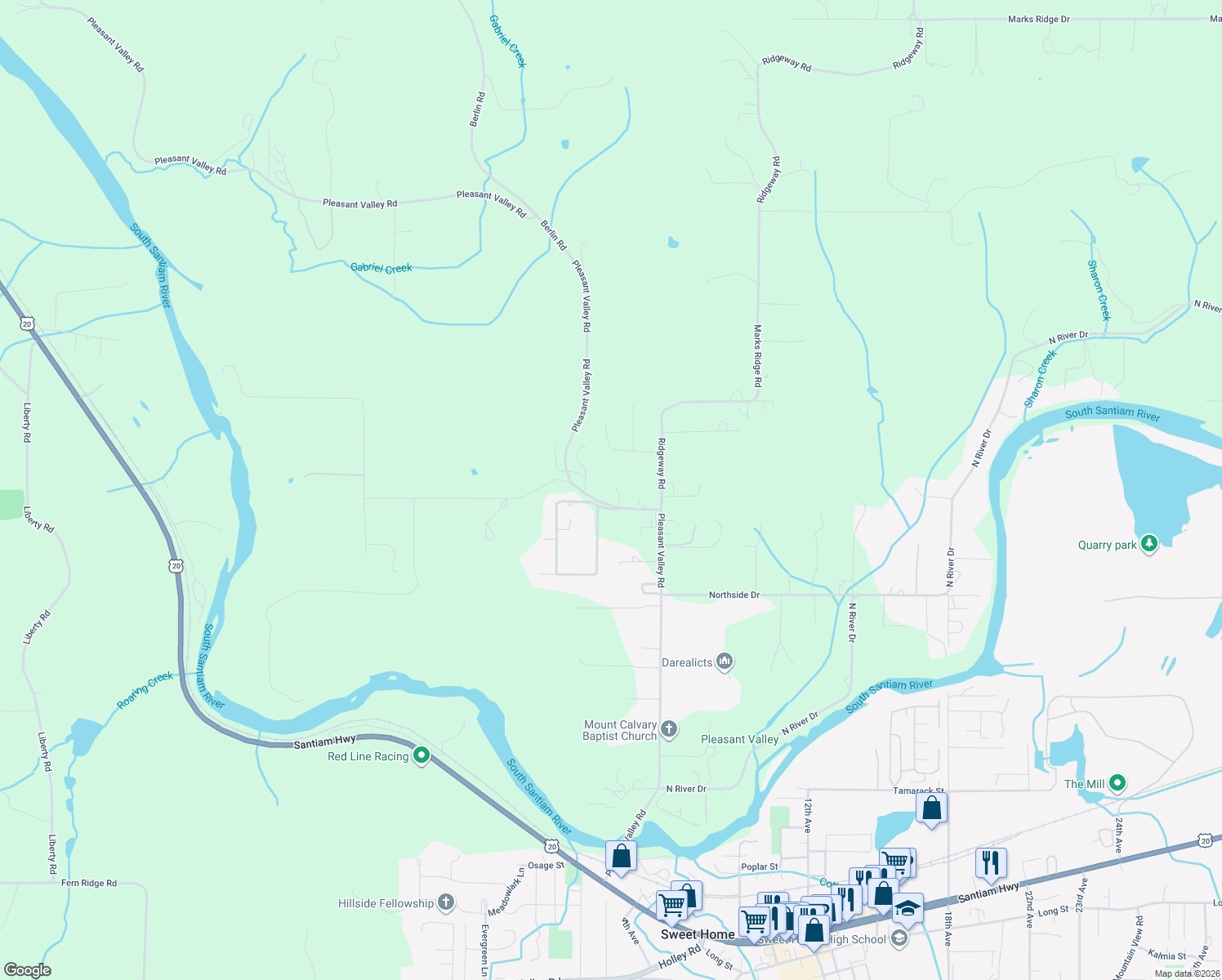map of restaurants, bars, coffee shops, grocery stores, and more near 28055 Pleasant Valley Road in Sweet Home