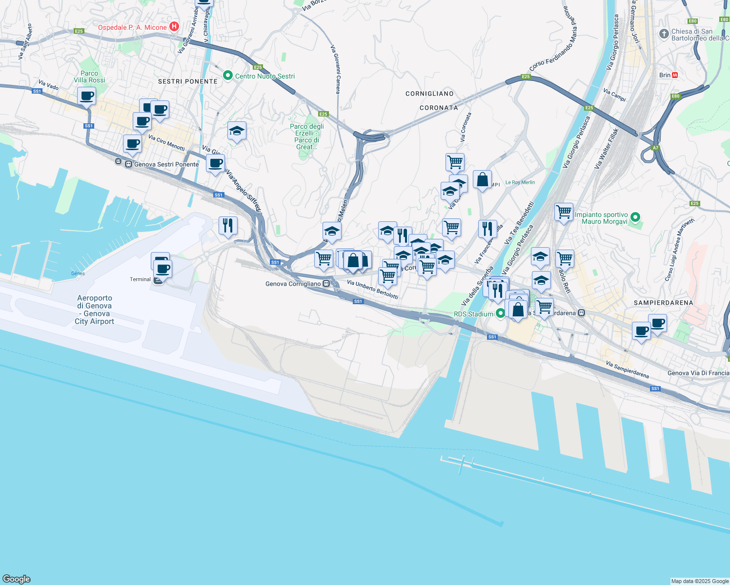 map of restaurants, bars, coffee shops, grocery stores, and more near 12 Via Umberto Bertolotti in Genoa