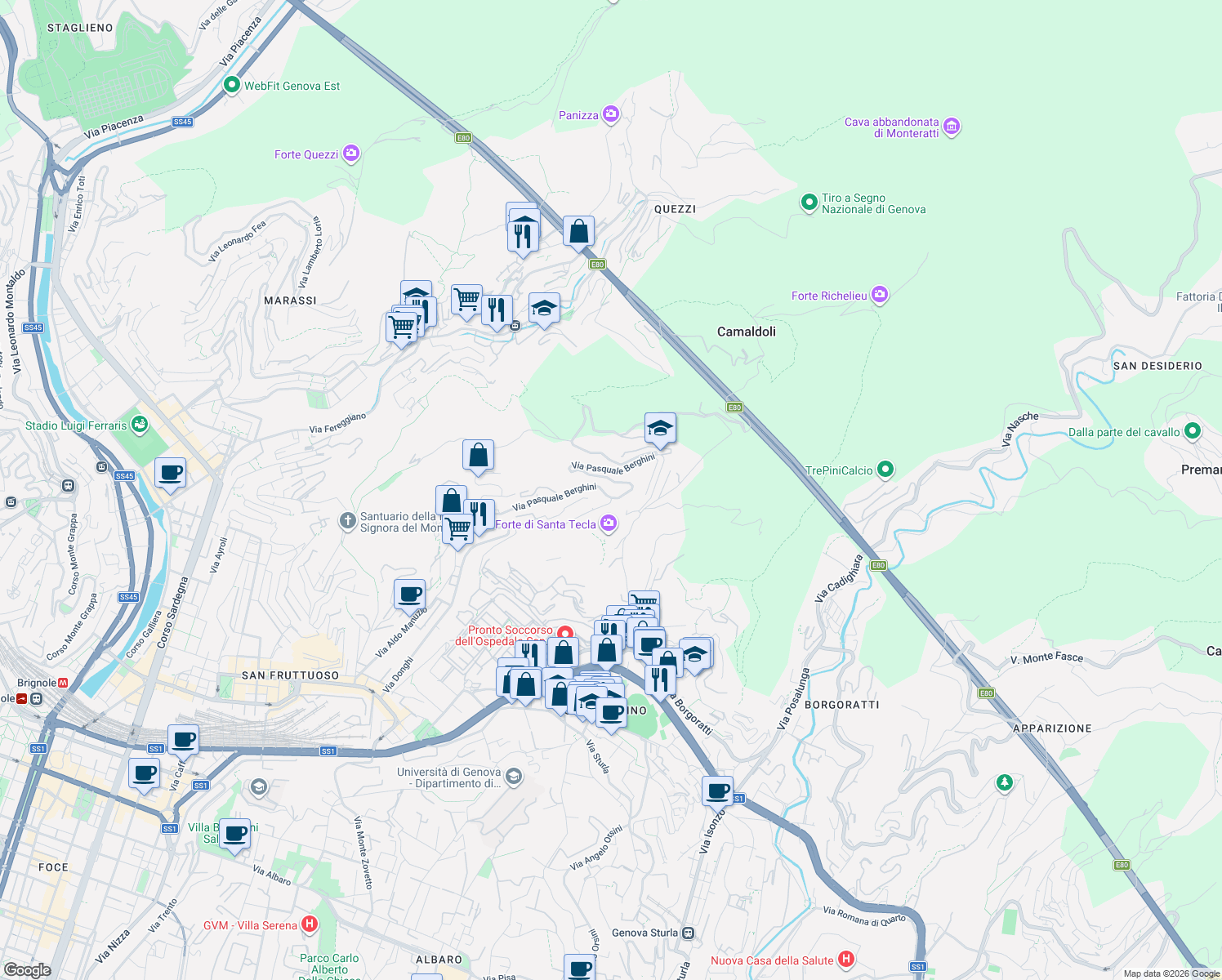 map of restaurants, bars, coffee shops, grocery stores, and more near 62R Via Pasquale Berghini in Genova