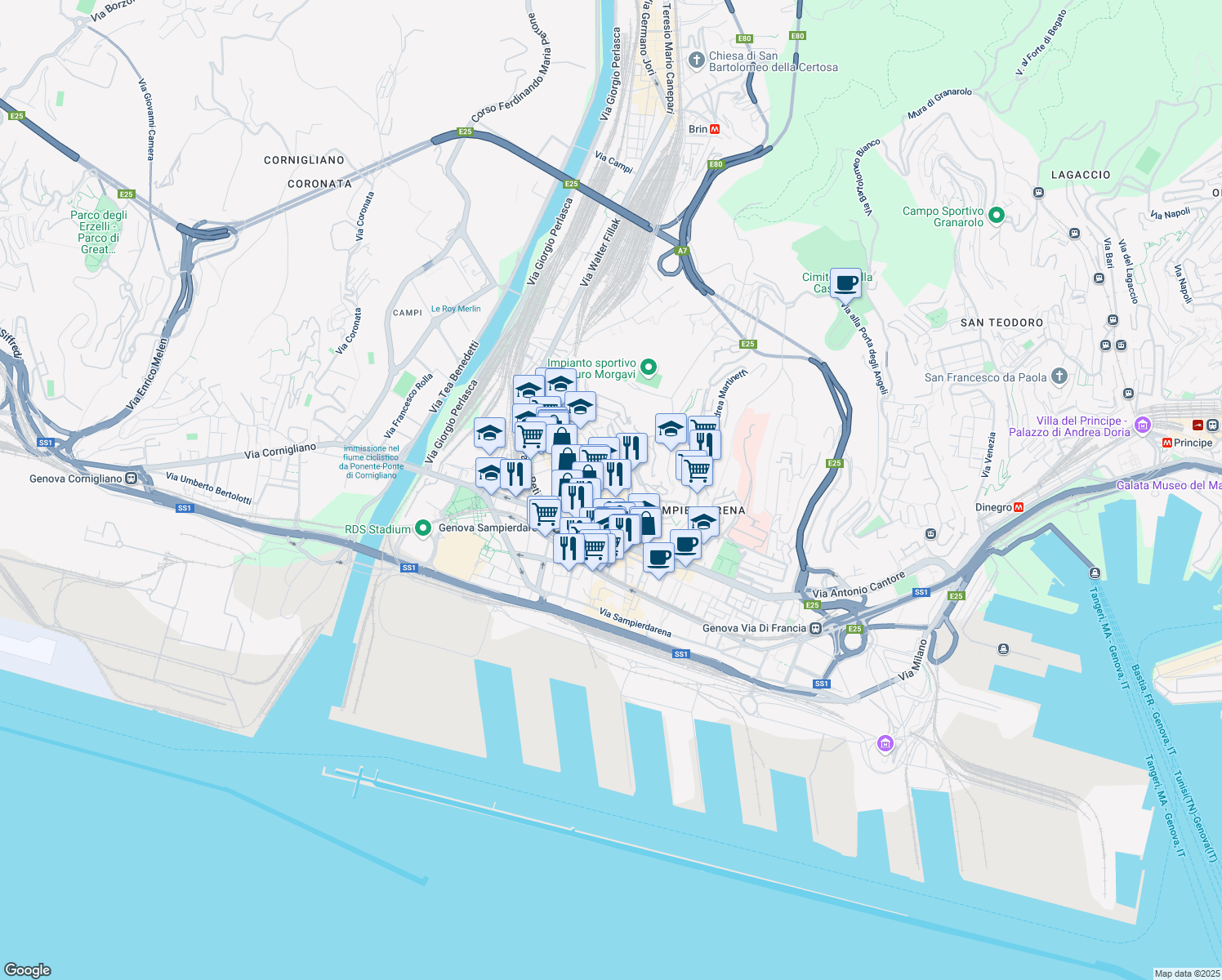 map of restaurants, bars, coffee shops, grocery stores, and more near 18 Via Giovanni Battista Sasso in Genoa