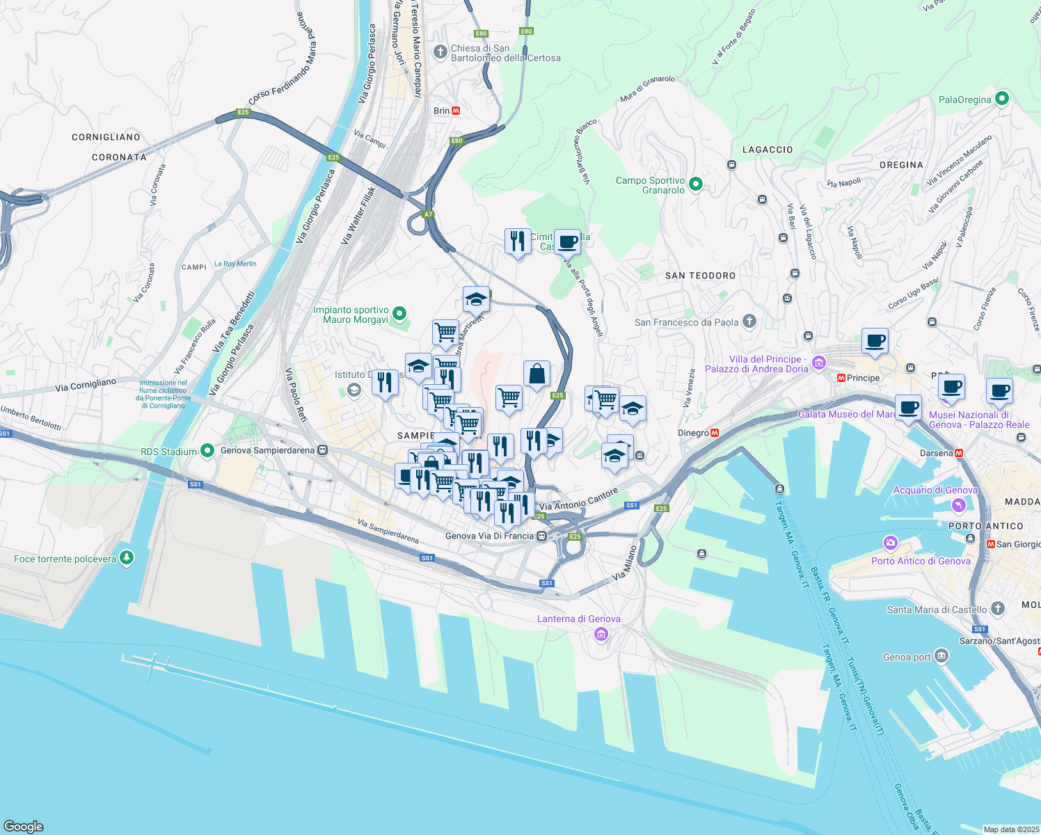 map of restaurants, bars, coffee shops, grocery stores, and more near 95 Via Bartolomeo Carrea in Genova