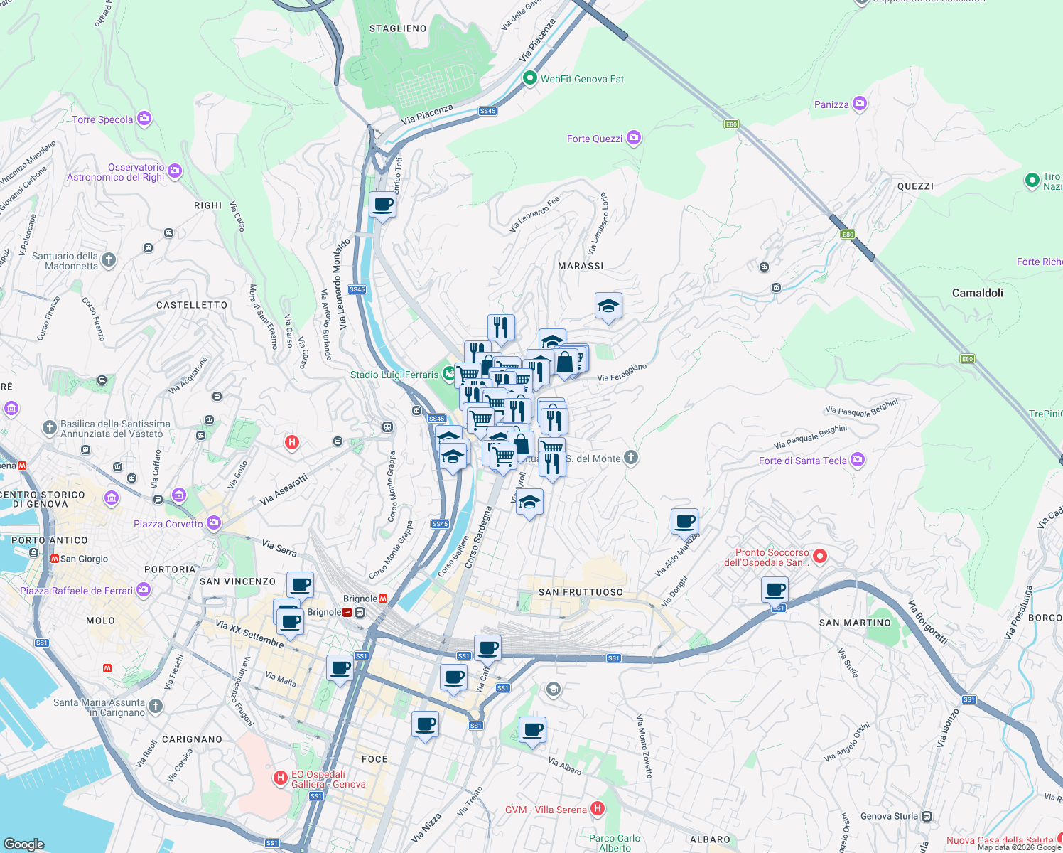map of restaurants, bars, coffee shops, grocery stores, and more near 53 Via Fereggiano in Genoa