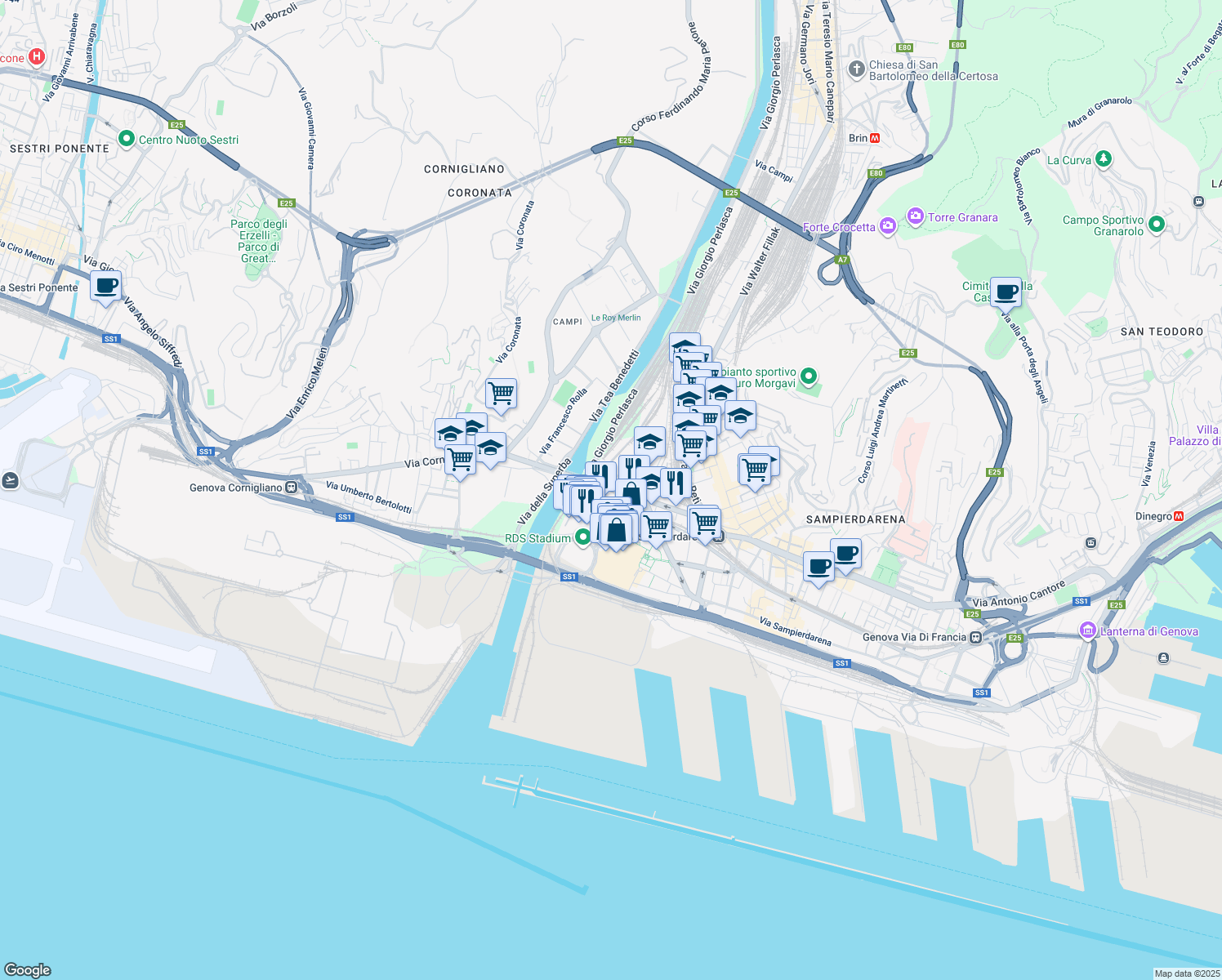 map of restaurants, bars, coffee shops, grocery stores, and more near 39 Via Raffaele Pieragostini in Genova