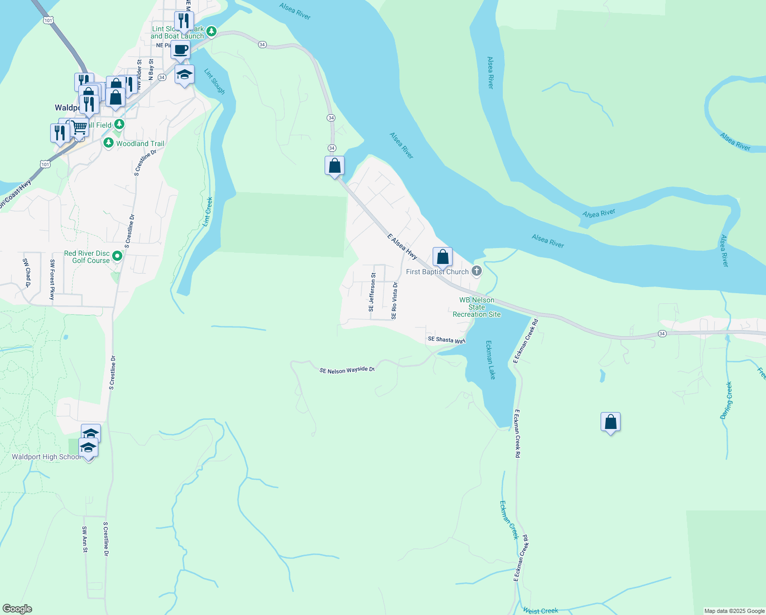 map of restaurants, bars, coffee shops, grocery stores, and more near 1599 Southeast Washington Street in Waldport