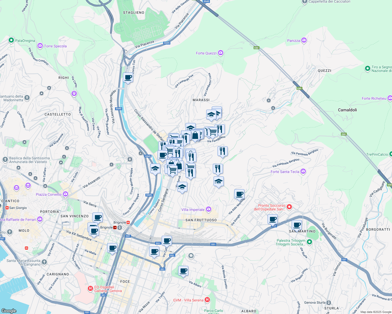 map of restaurants, bars, coffee shops, grocery stores, and more near 113 Via Giacomo Biga in Genova