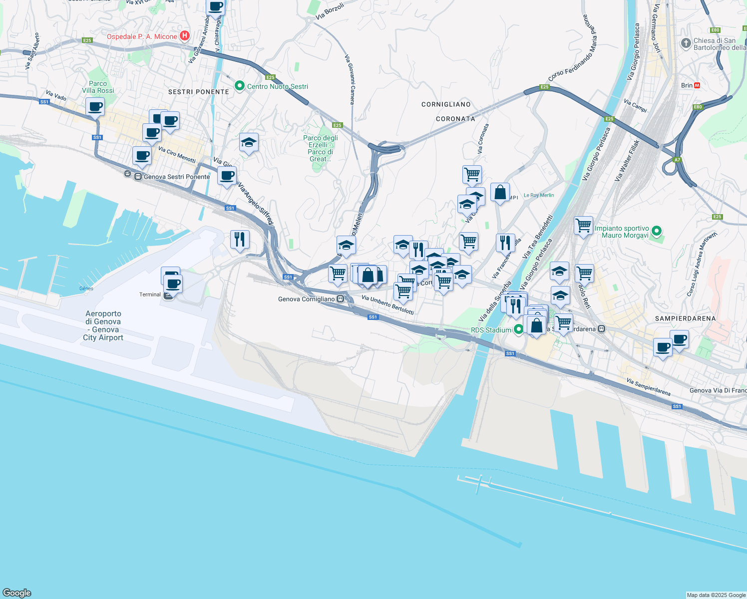 map of restaurants, bars, coffee shops, grocery stores, and more near 12 Via Umberto Bertolotti in Genoa