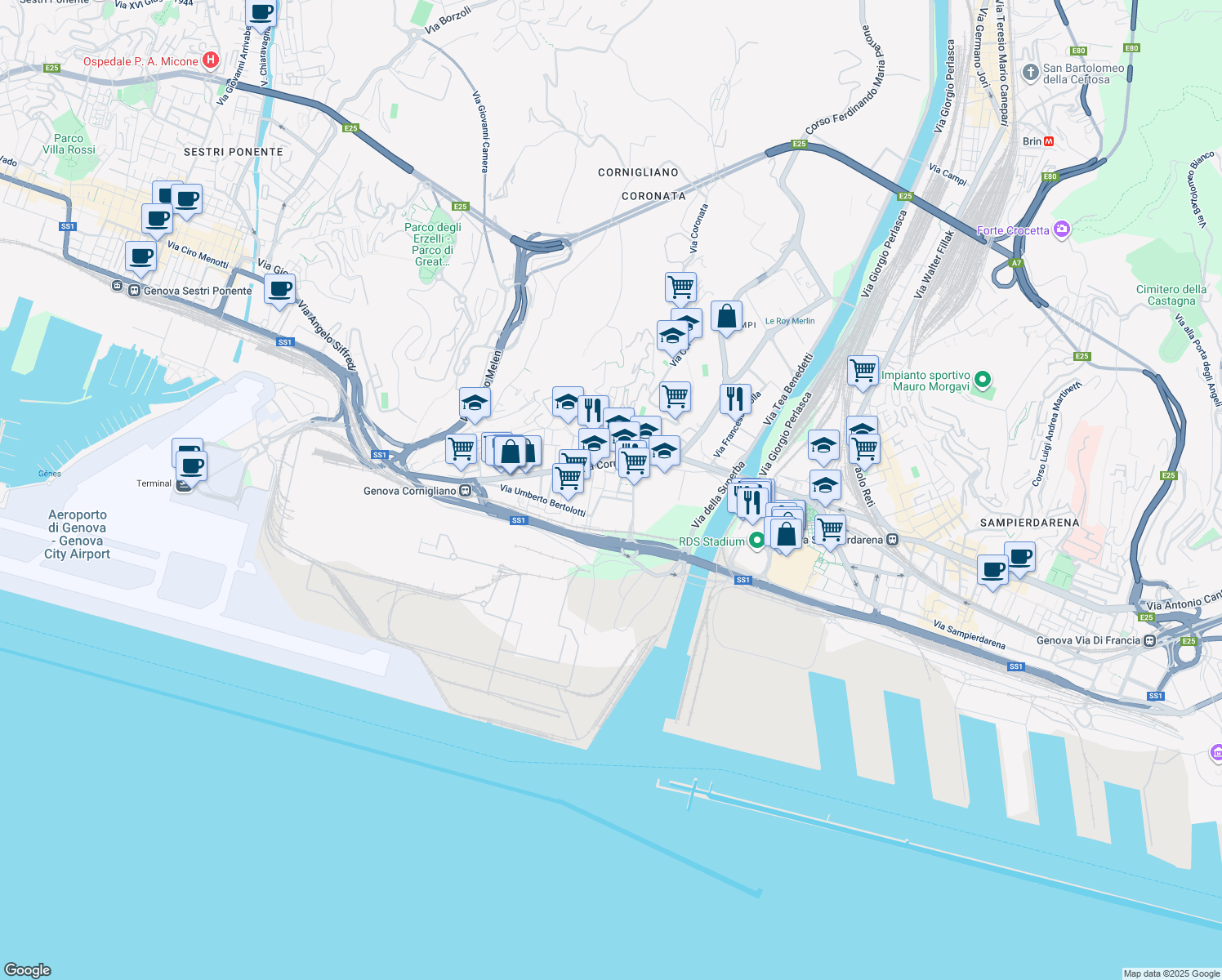 map of restaurants, bars, coffee shops, grocery stores, and more near 17 Via Capodistria in Genova