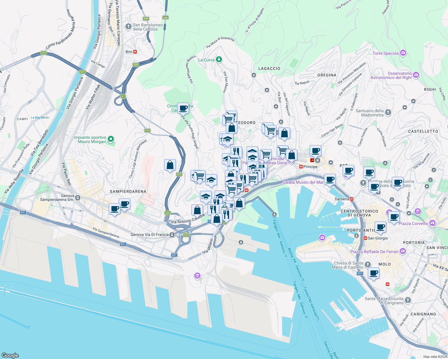 map of restaurants, bars, coffee shops, grocery stores, and more near 41 Salita degli Angeli in Genova