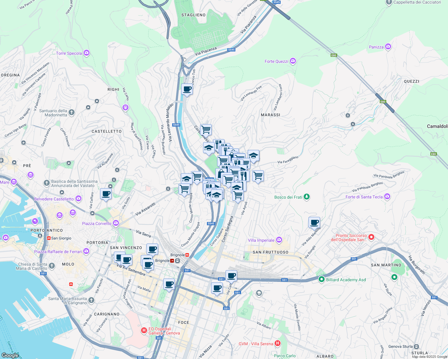 map of restaurants, bars, coffee shops, grocery stores, and more near 2 Via Tortosa in Genova